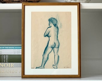 Vintage Portrait Standing Nude 1960s Blue Charcoal Drawing Custom Framed