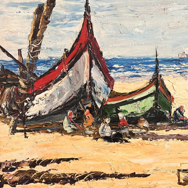 Large Vintage Oil Painting Fishing Boats Impressionist Seascape image 4