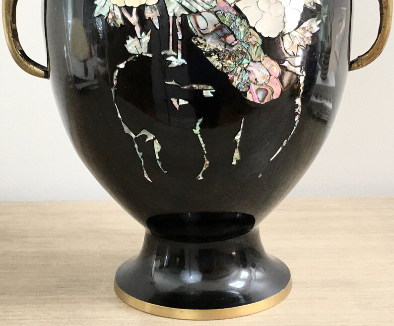 Brass Black Enamel 18 Tall Vase Inlaid Mother of Pearl Etsy