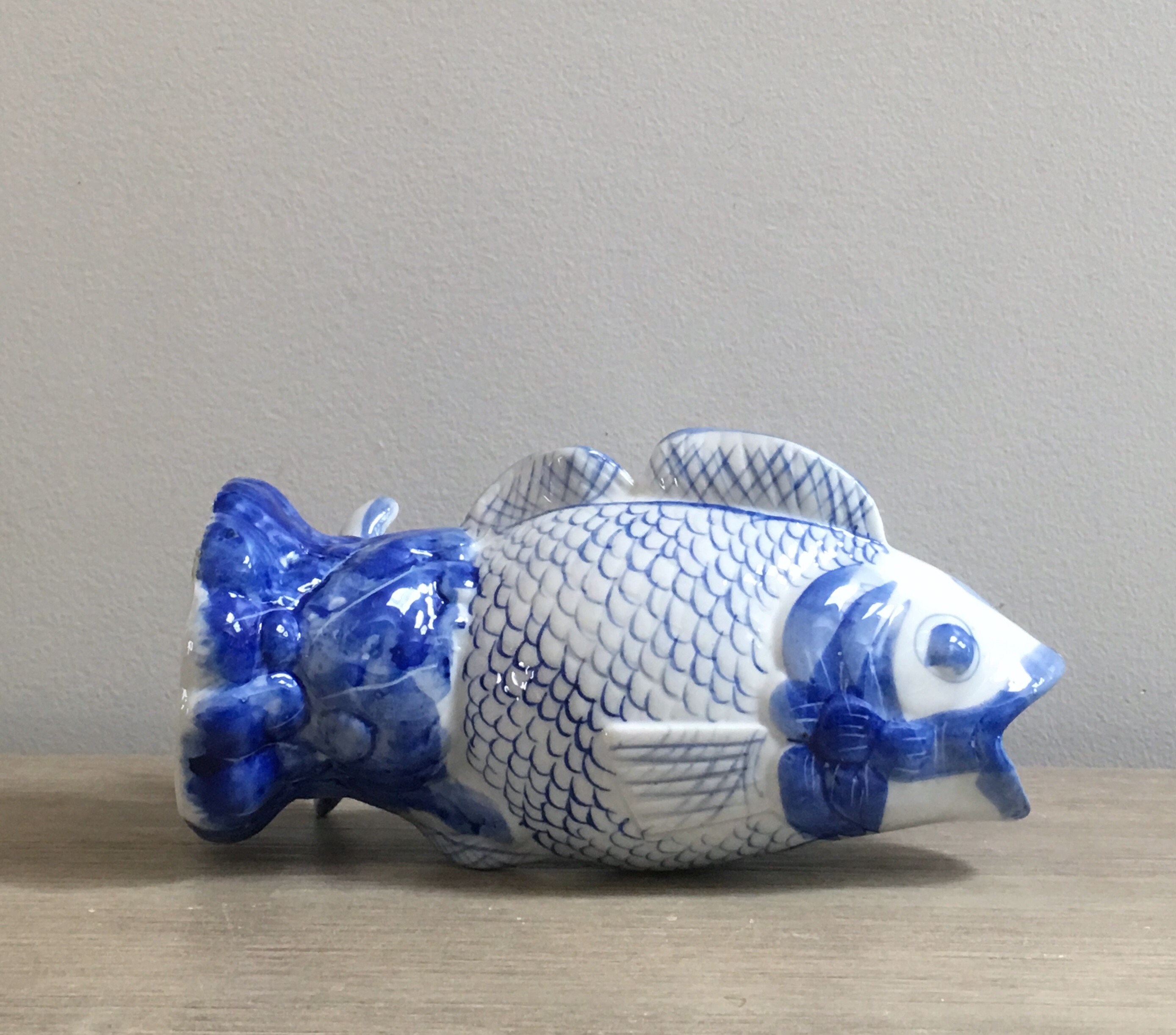 Blue White Ceramic Fish Vase Chinoiserie Coastal Asian Decor