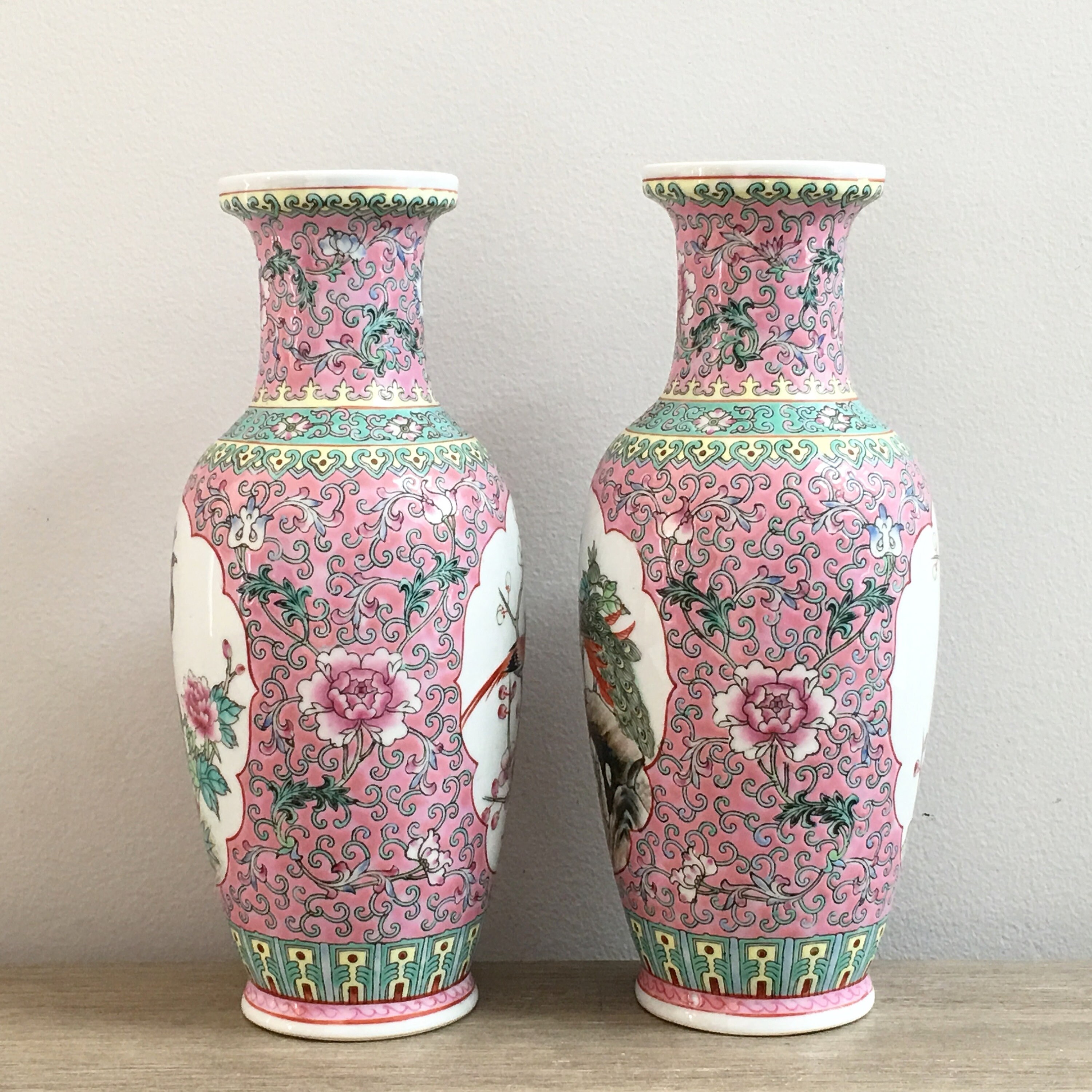 Pair Chinese Porcelain Vases Famille Rose Hand Painted Mid 20th Century