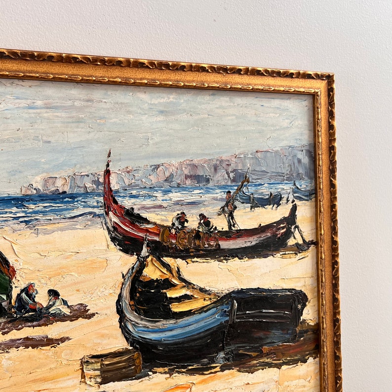 Large Vintage Oil Painting Fishing Boats Impressionist Seascape image 9