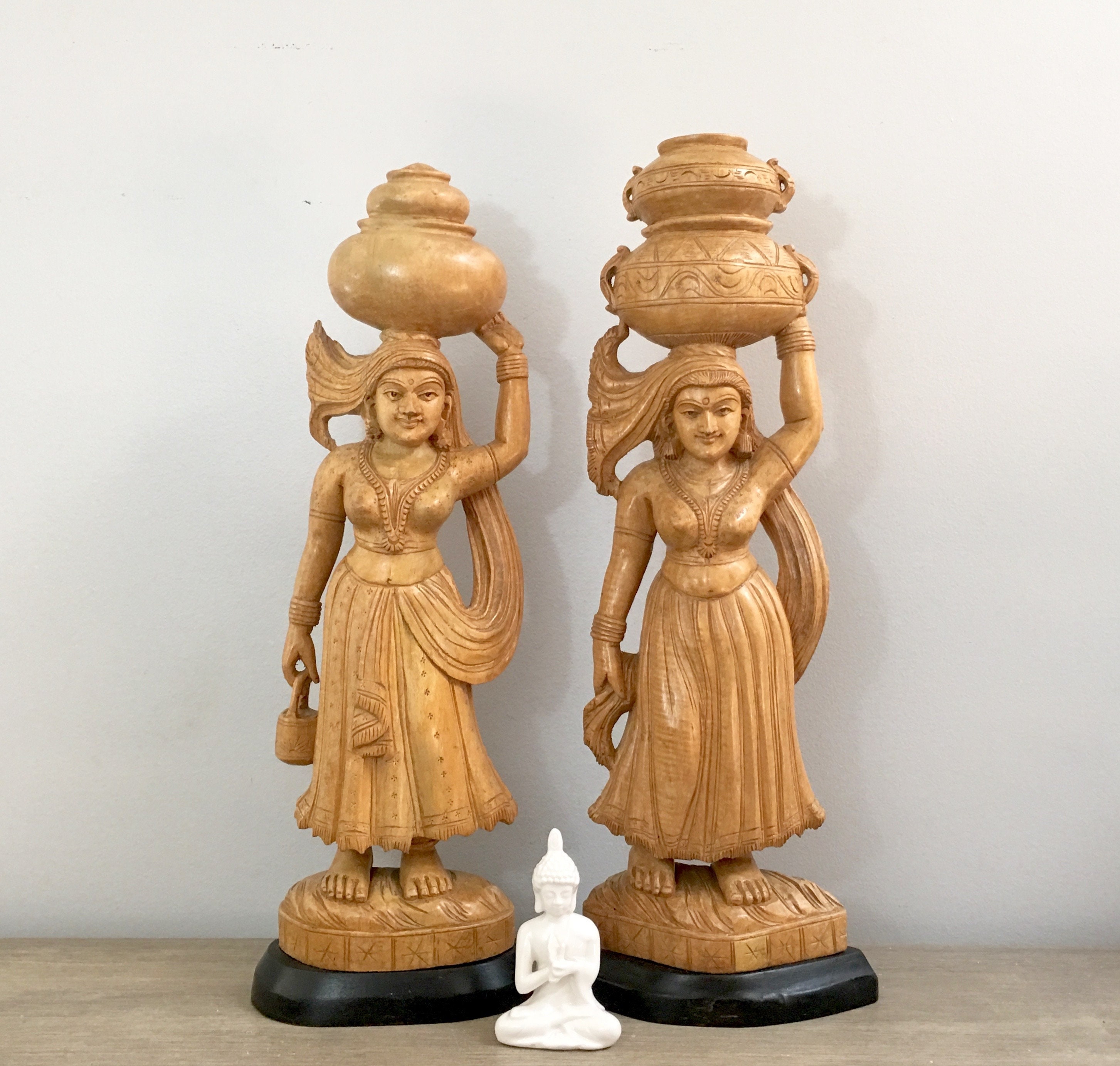 Large Carved Wooden Female Statues Pair Indian Woman