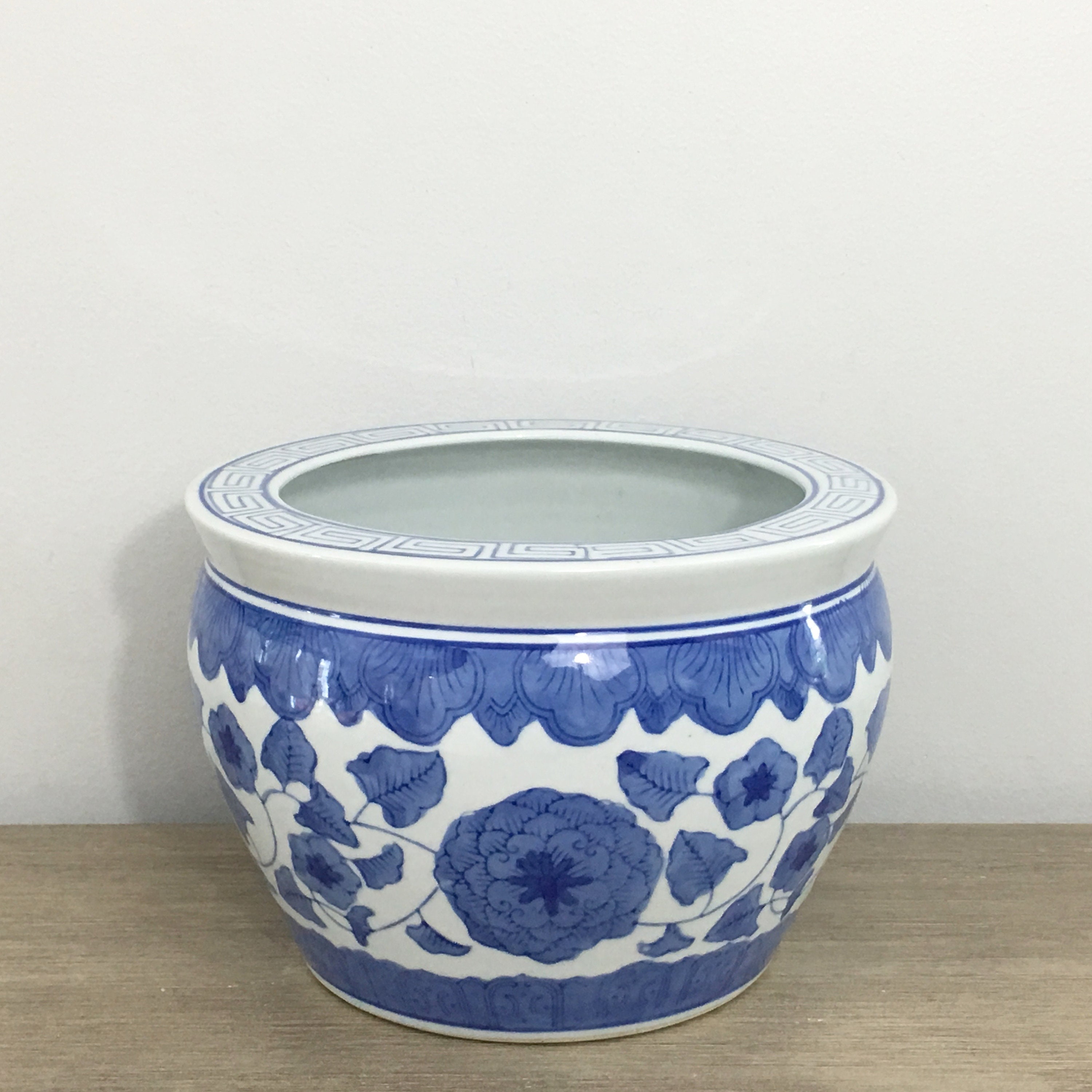 Chinese Fishbowl Planter Blue White Chinoiserie Porcelain