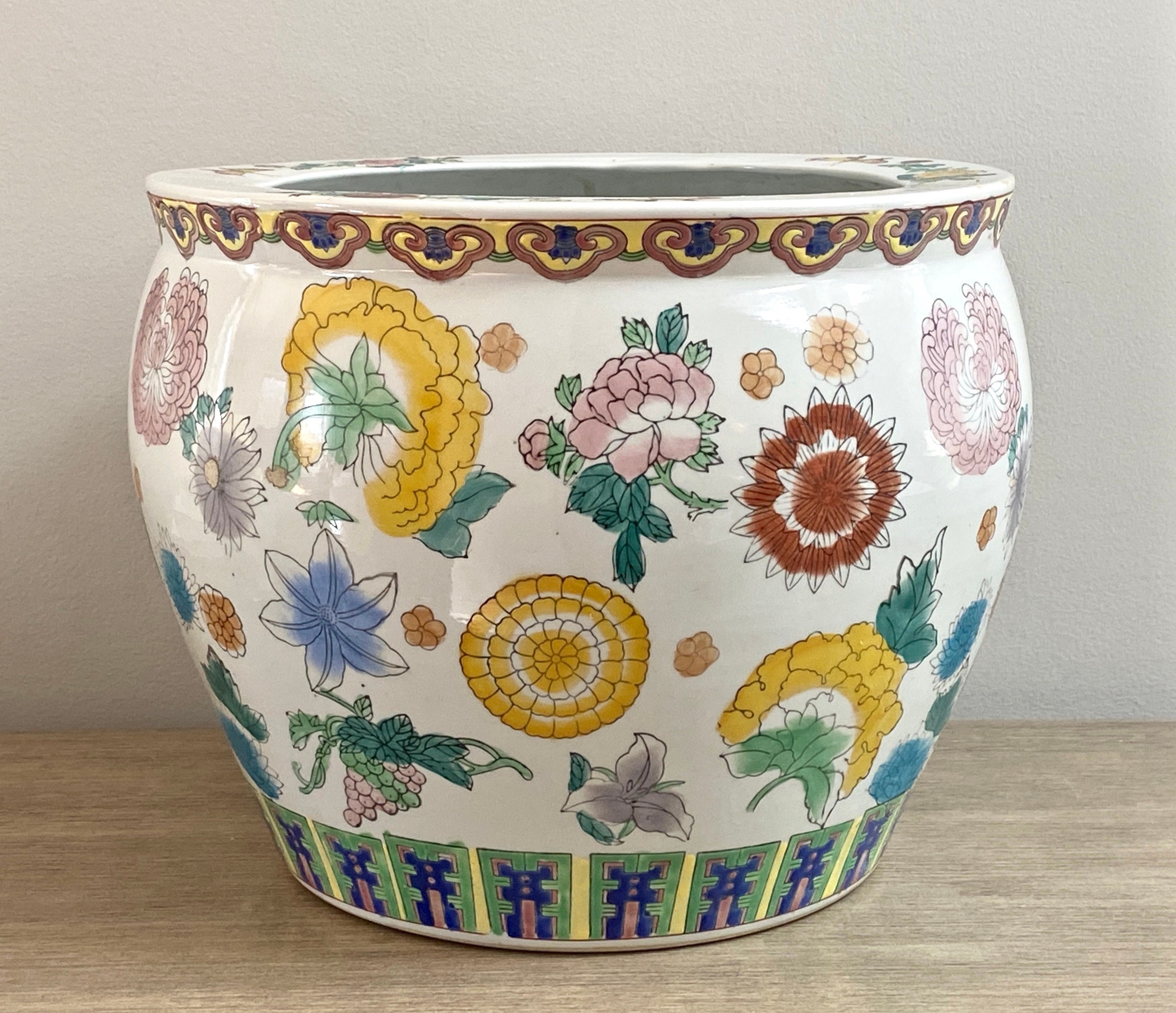 Chinese Fishbowl Planter Colorful Floral Indoor Heavy