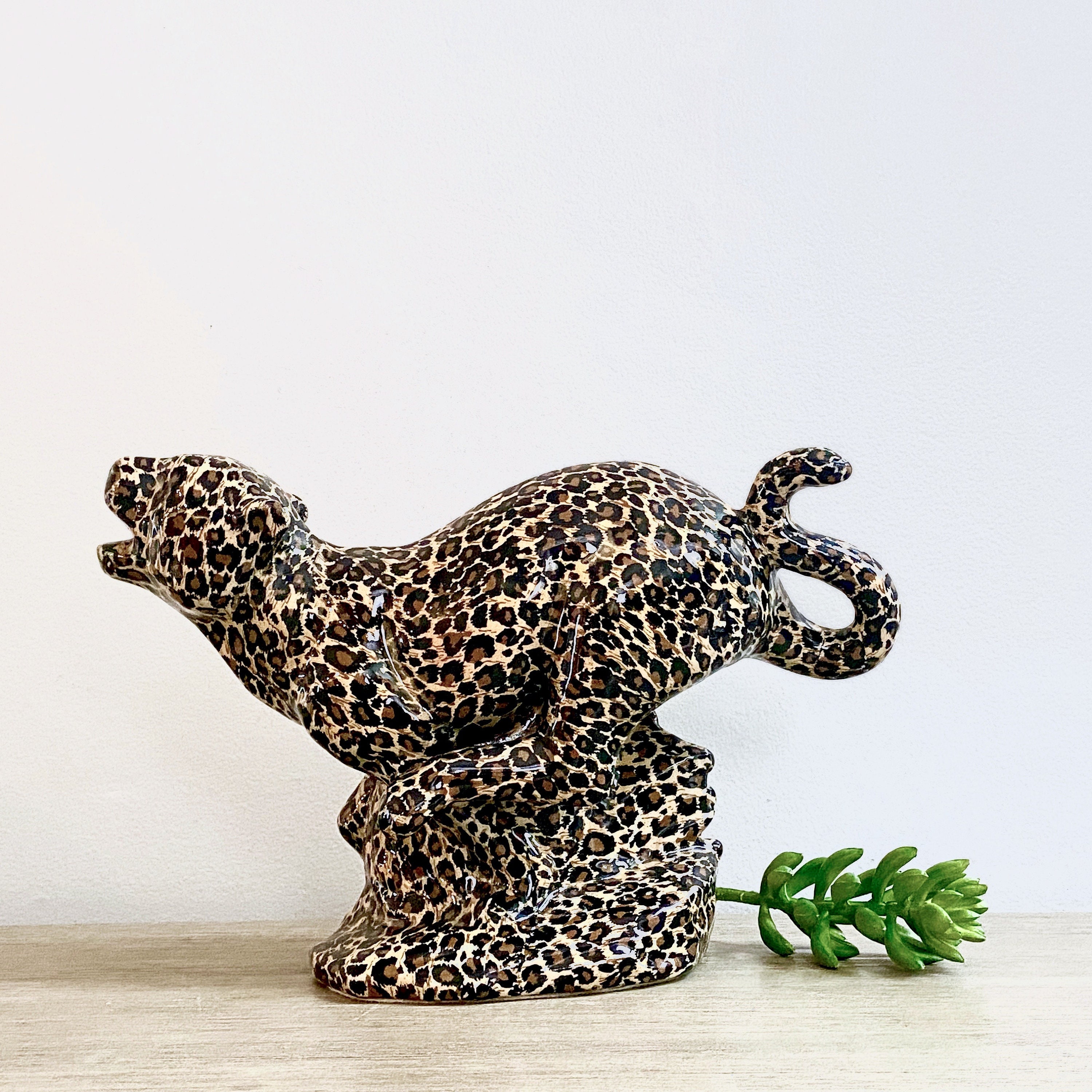 Vintage Leopard Statue Figurine Ceramic Spotted Jaguar Animal Print Jungle African Decor