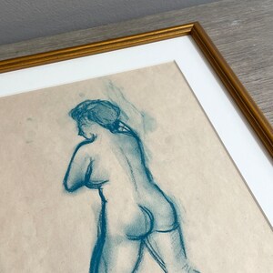 Vintage Portrait Standing Nude 1960s Blue Charcoal Drawing Custom Framed image 7