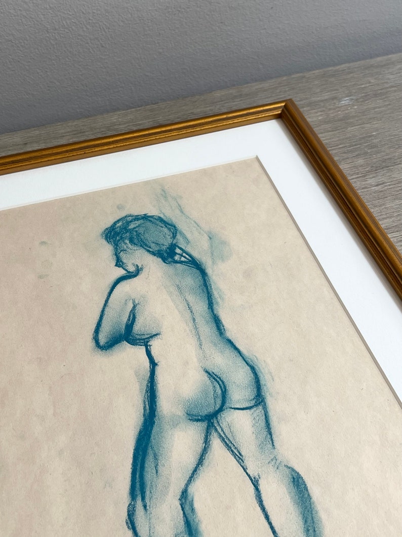 Vintage Portrait Standing Nude 1960s Blue Charcoal Drawing Custom Framed image 7