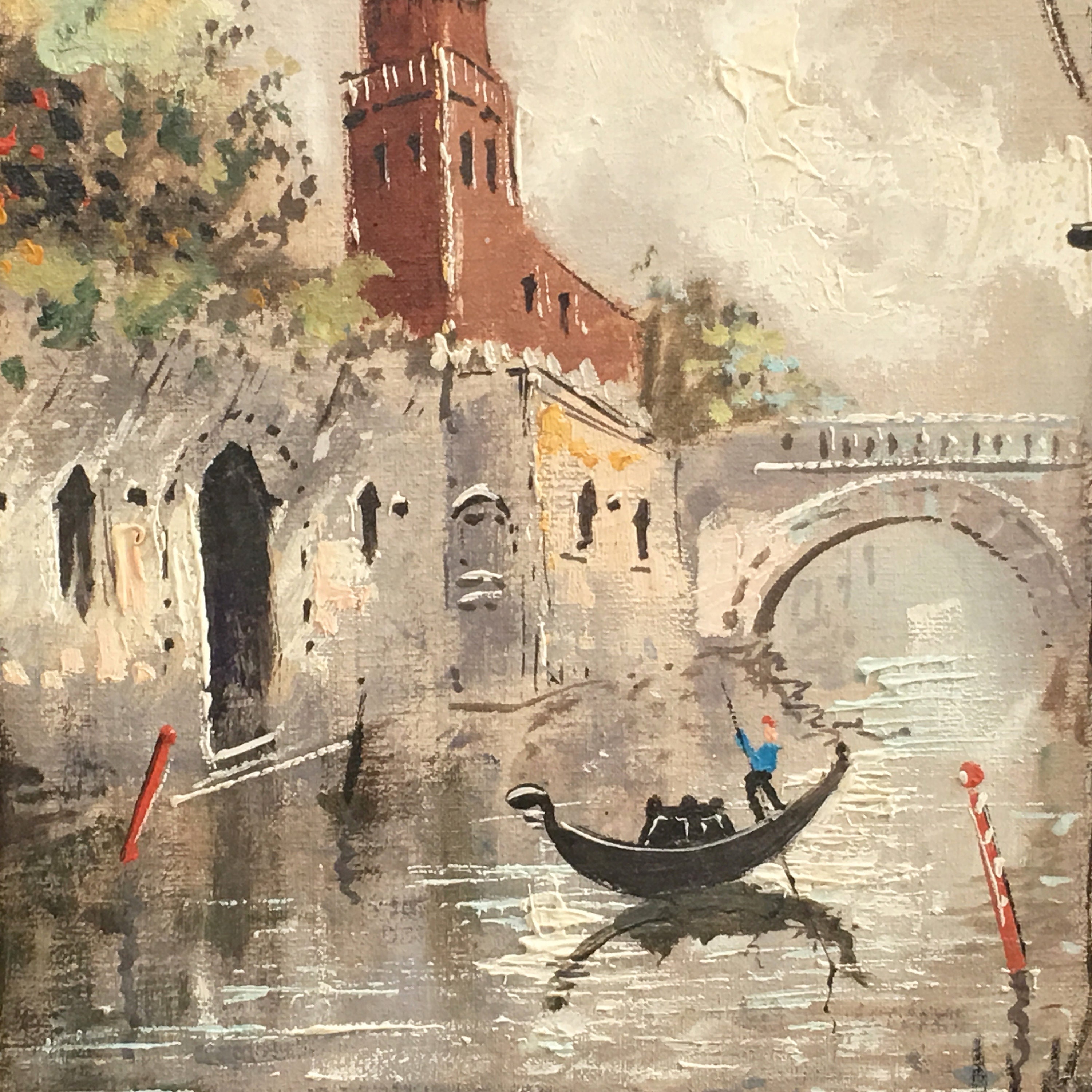 Small Italian Oil Painting Venice Italy Canal Gondola Scene