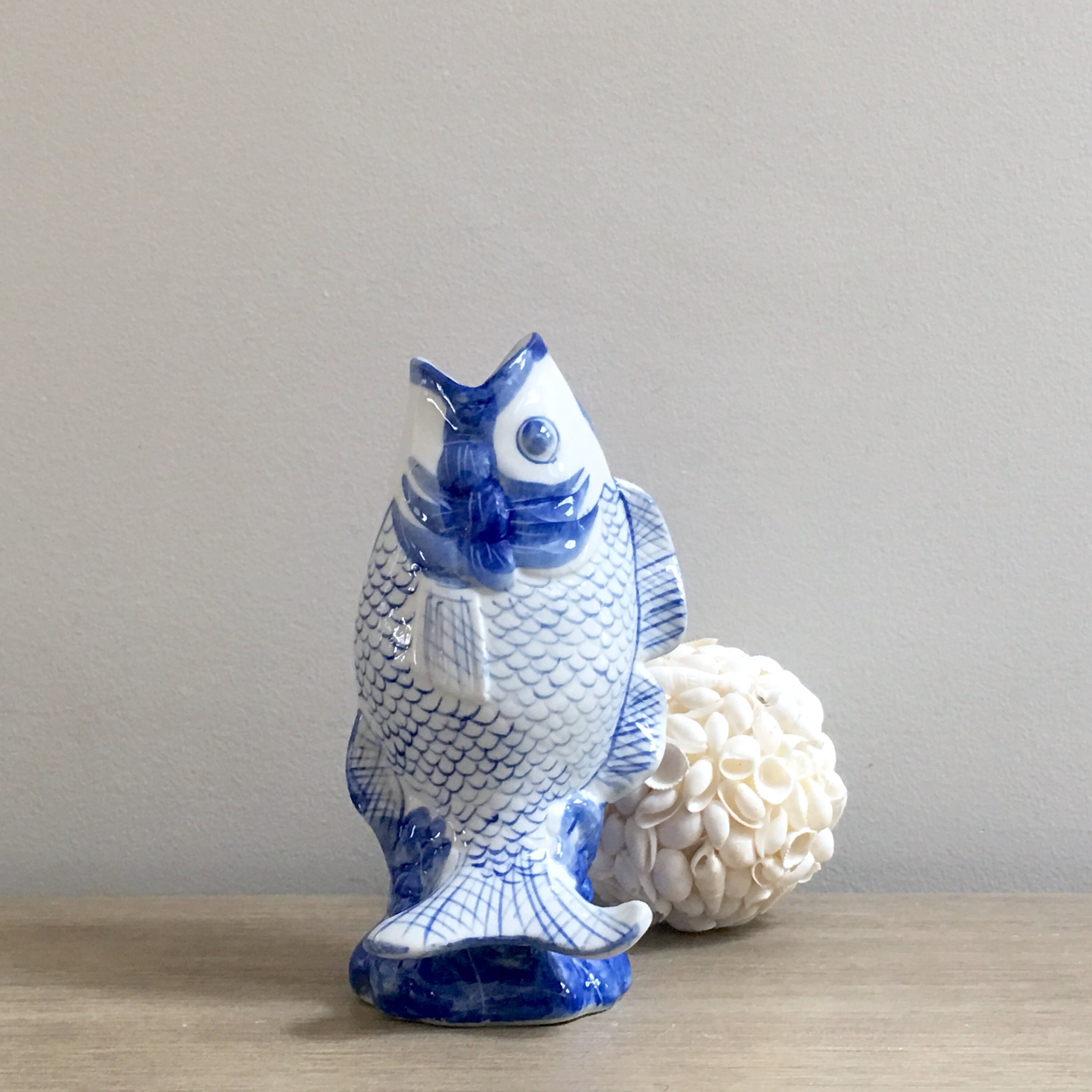 Blue White Ceramic Fish Vase Chinoiserie Coastal Asian Decor