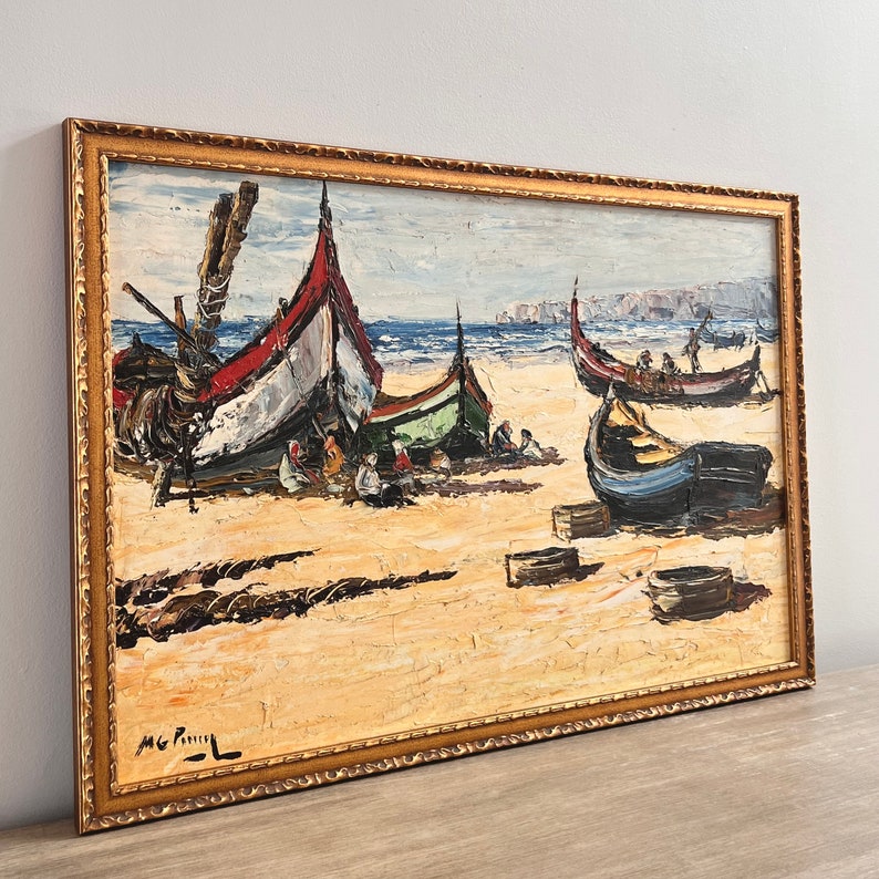 Large Vintage Oil Painting Fishing Boats Impressionist Seascape image 2