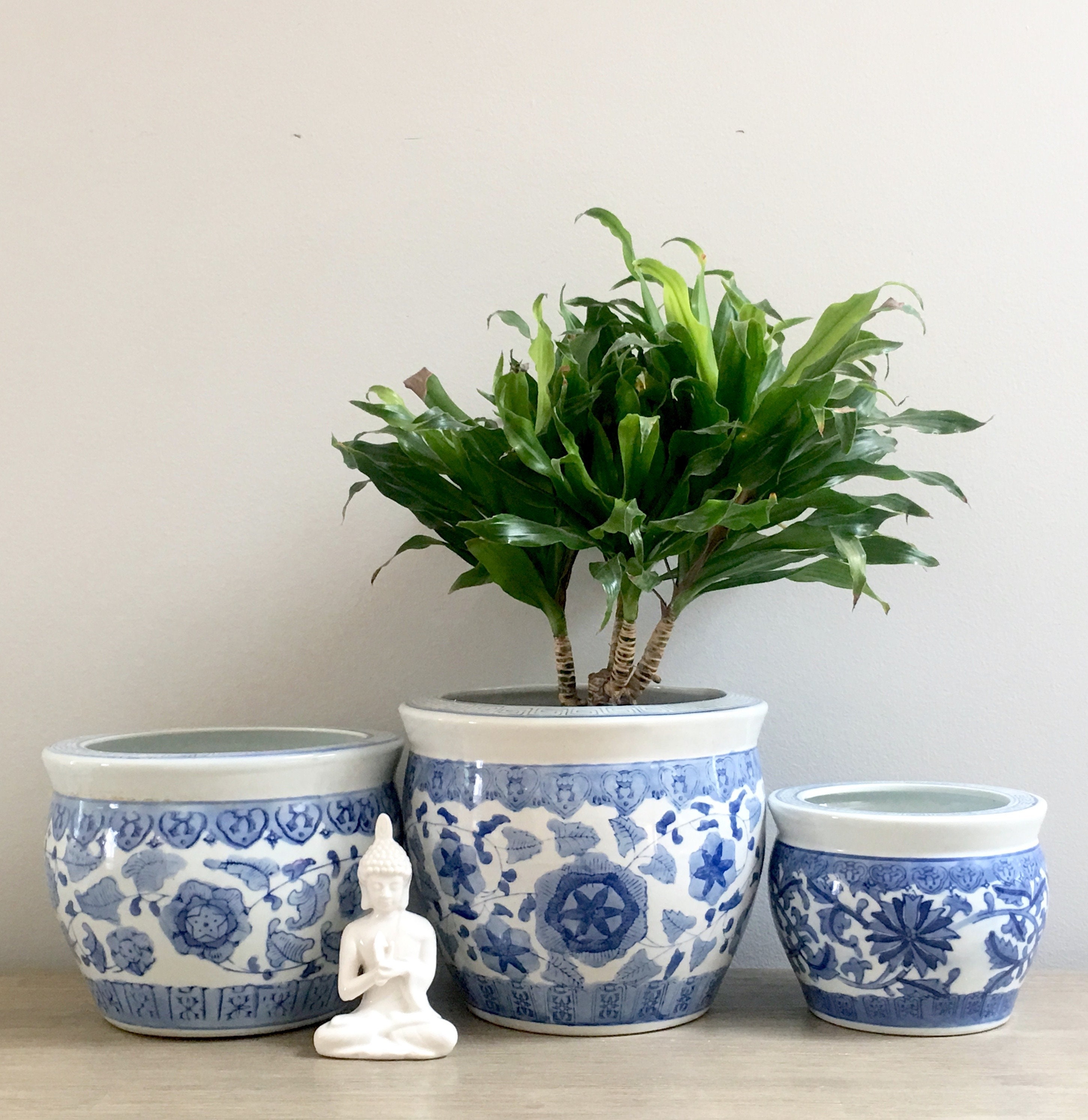 Set of Blue and White Fishbowl Planters Indoor Chinese