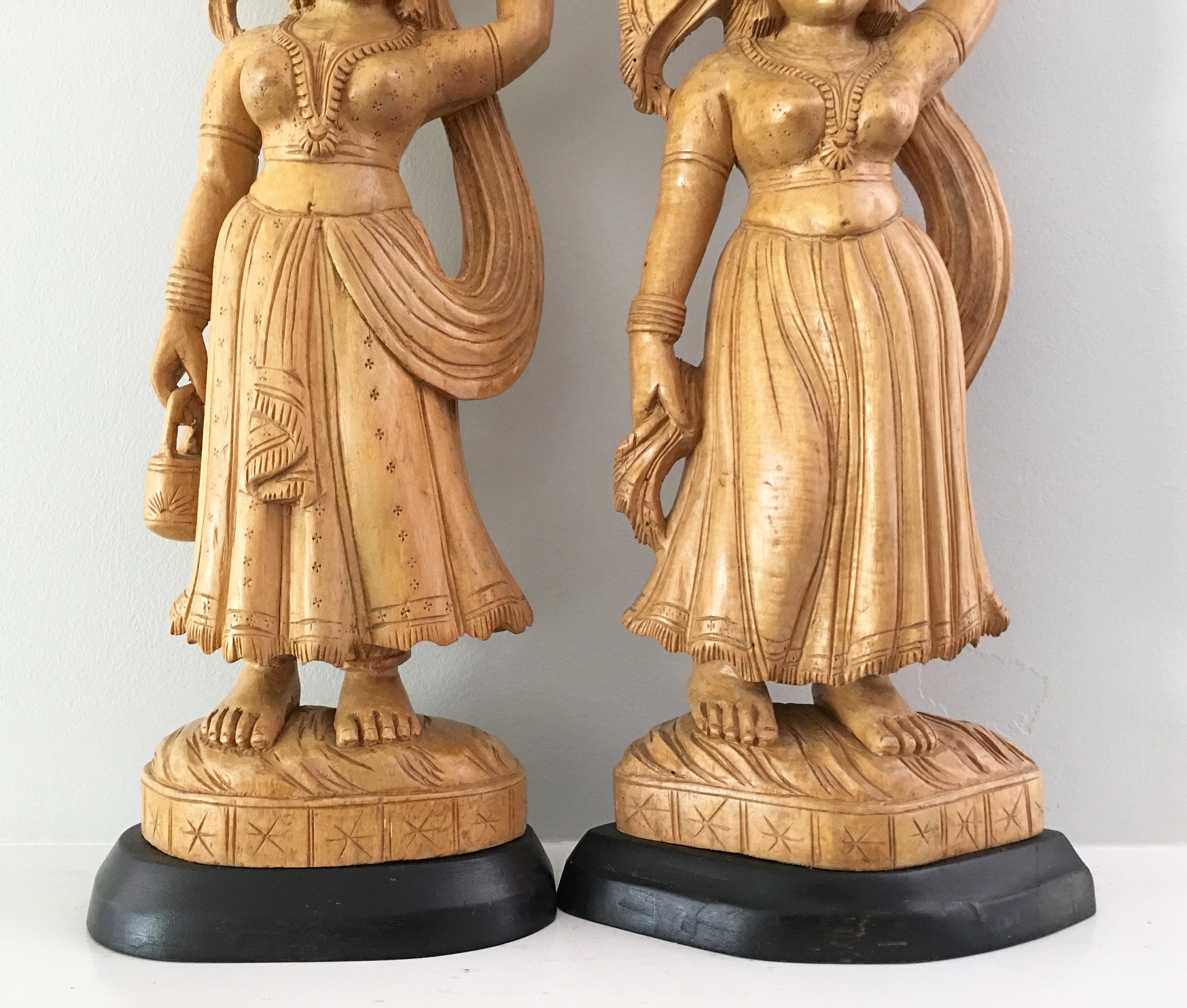 Large Carved Wooden Female Statues Pair Indian Woman