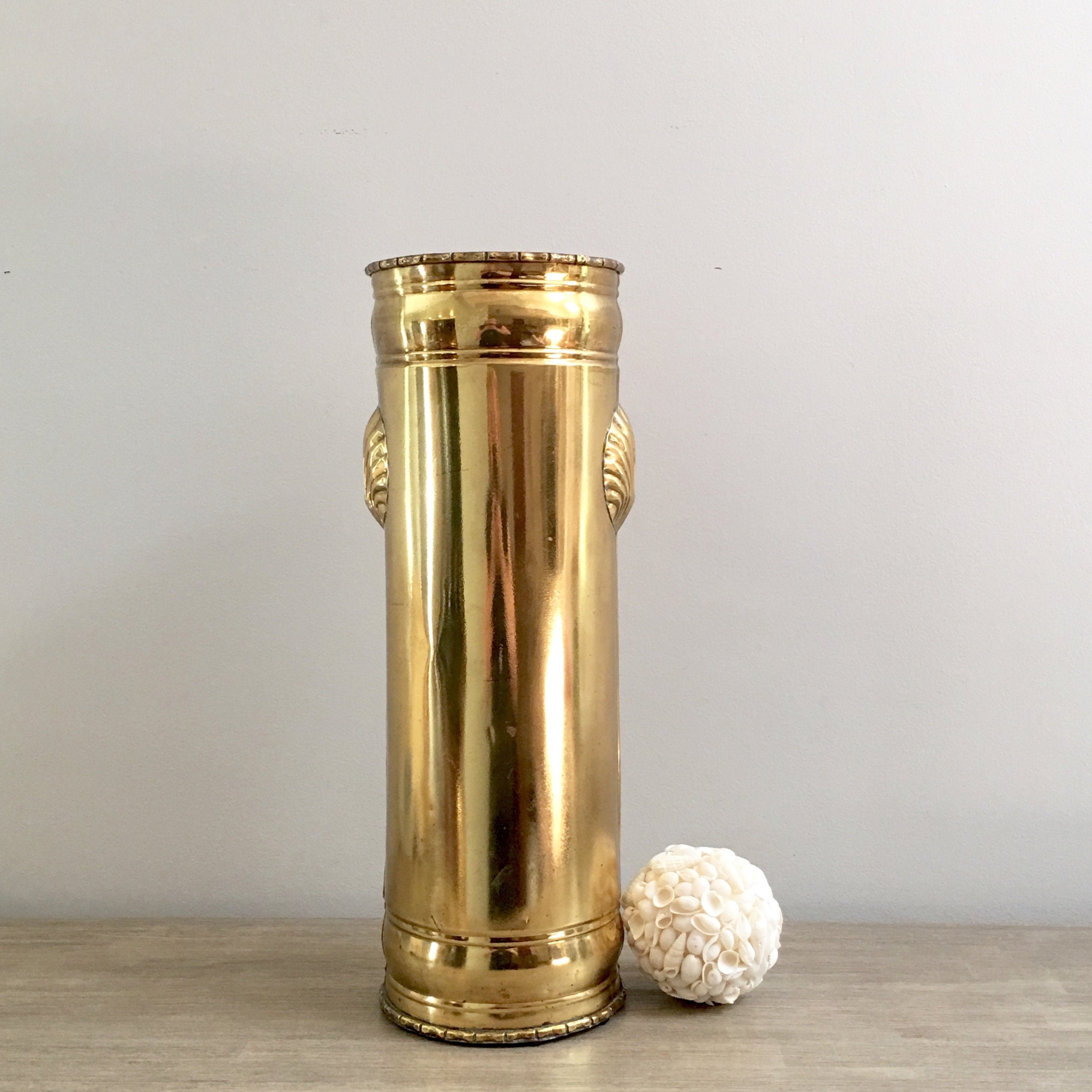 Brass Umbrella Stand Holder Shell Bamboo Trim Regency Decor