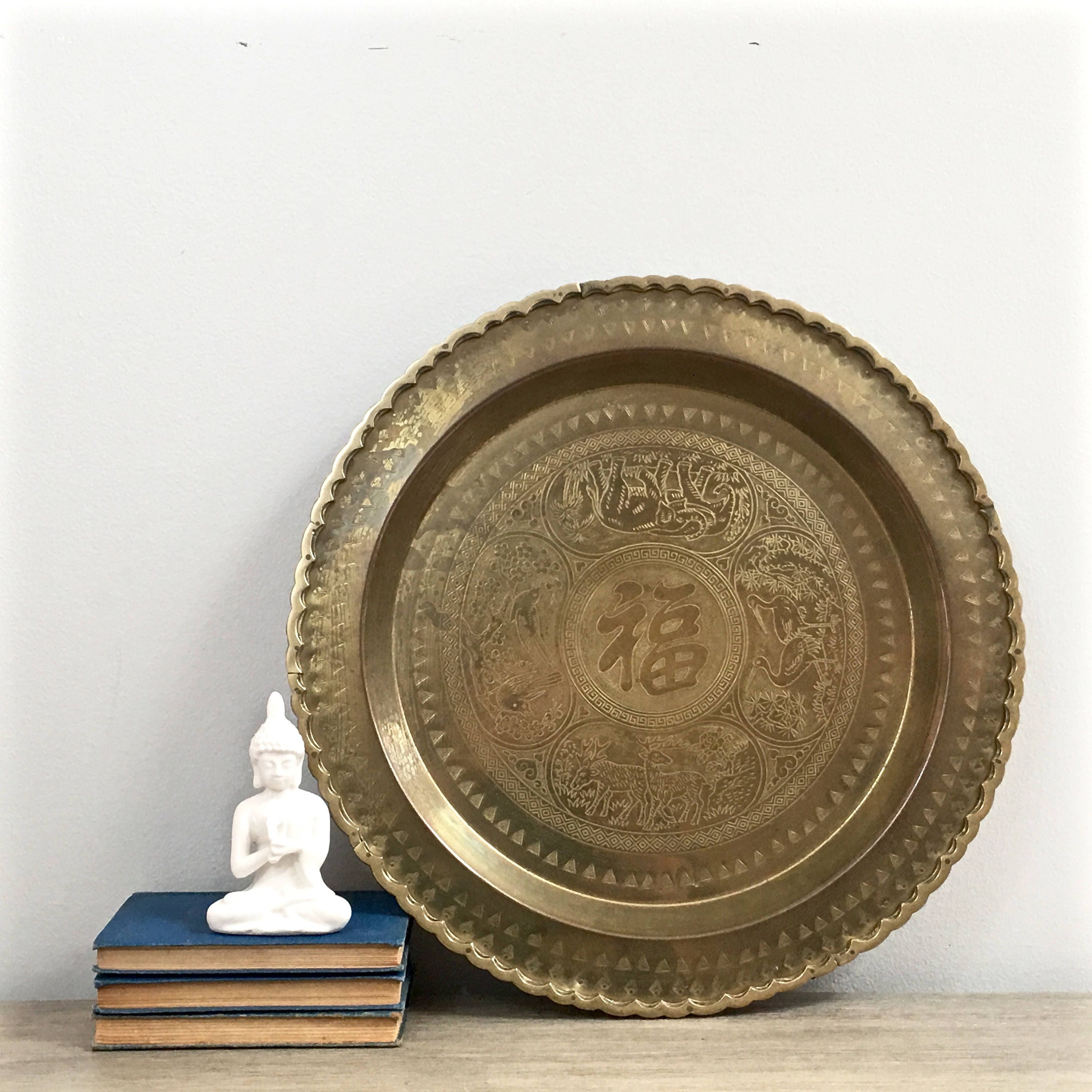 Large Chinese Brass Tray Wall Hanging Vintage Round Large Chinese Brass Tray Wall Hanging Vintage Round Symbol Fu Lucky Blessed Made In Hong Kong Chinoiserie Chic