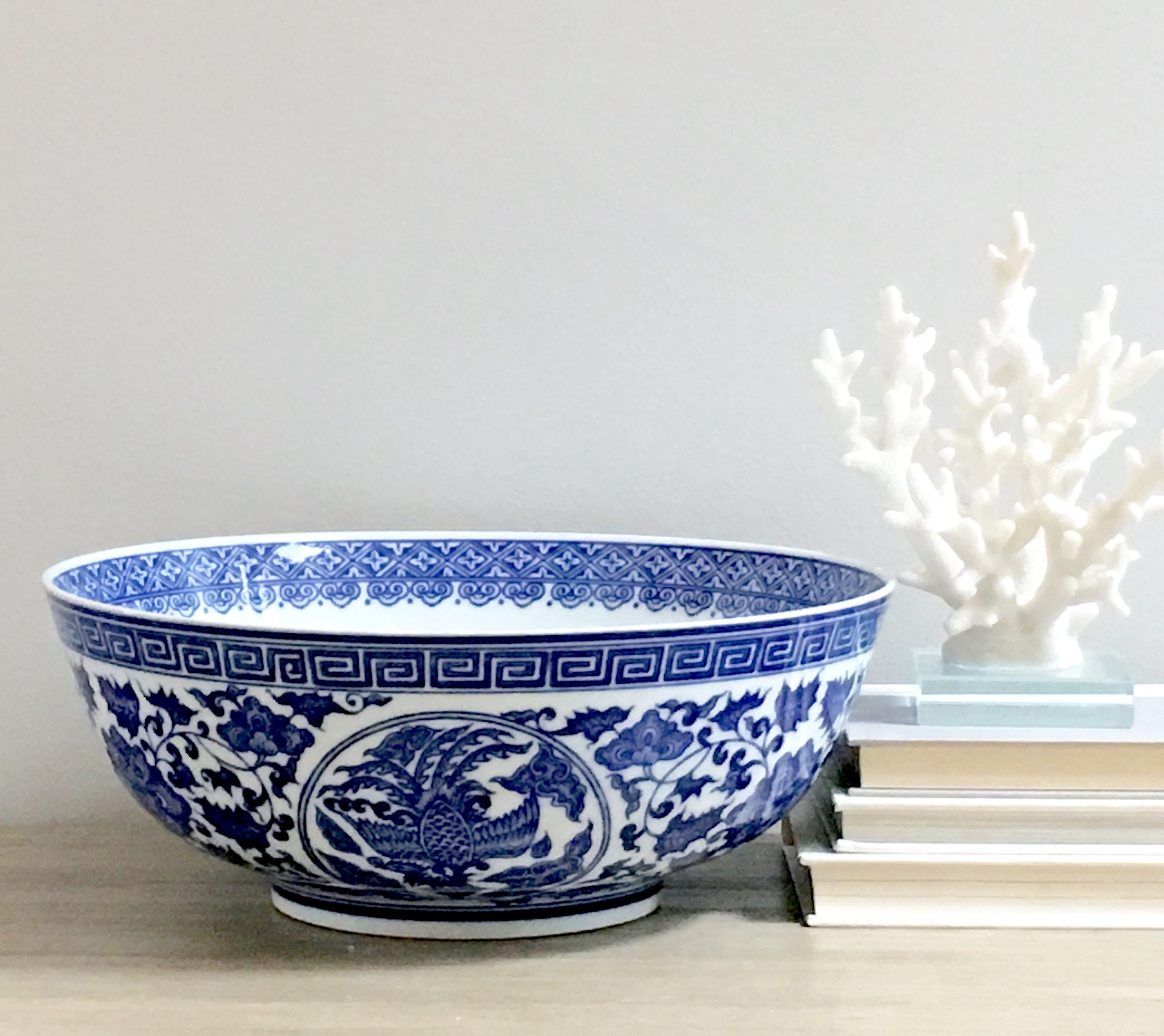 Large Chinoiserie Bowl Blue White Chinese Decorative