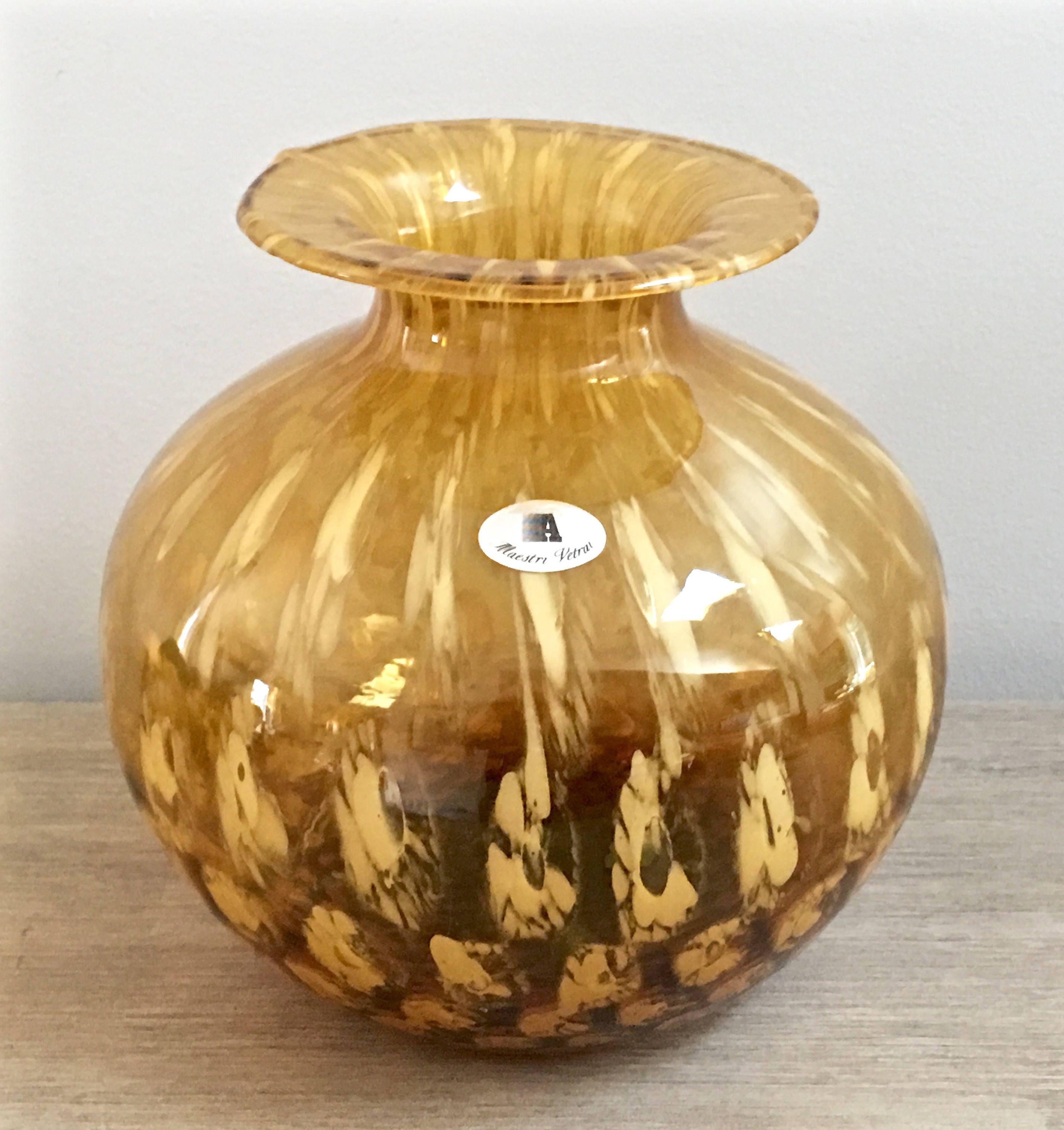 Vintage Amber Glass Vase Hand Blown Italian Murano Art Glass Centerpiece Fall Entertaining Tableware