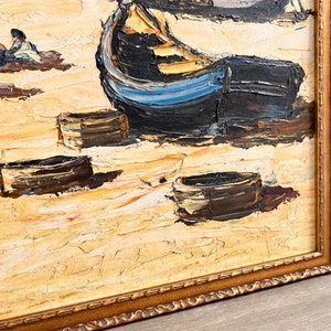Large Vintage Oil Painting Fishing Boats Impressionist Seascape image 8
