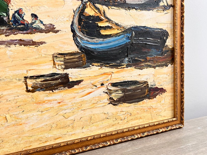 Large Vintage Oil Painting Fishing Boats Impressionist Seascape image 8