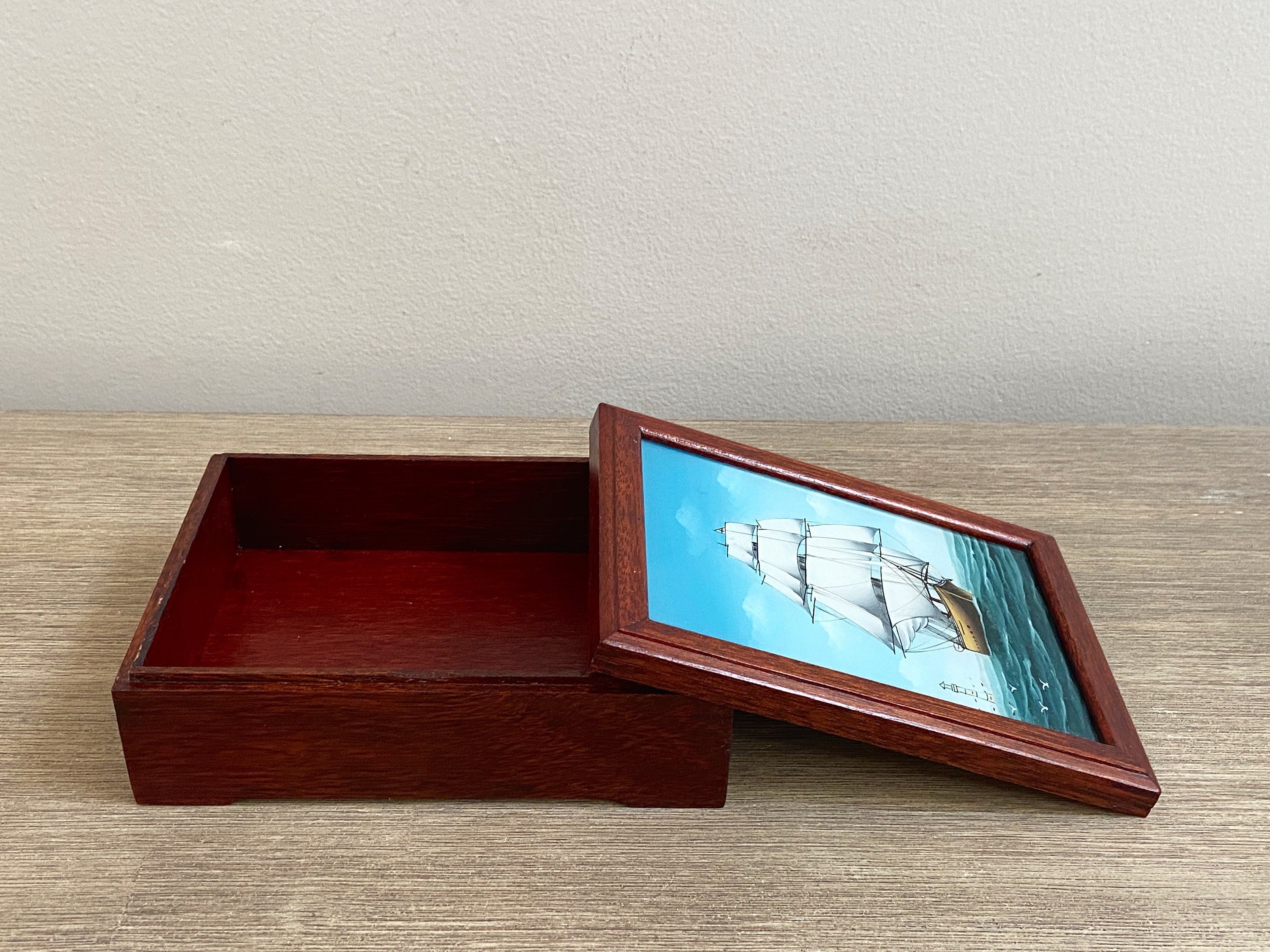 Vintage Ship Box Wooden Reverse Painted Coastal Nautical Seascape Decor