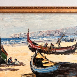 Large Vintage Oil Painting Fishing Boats Impressionist Seascape image 7