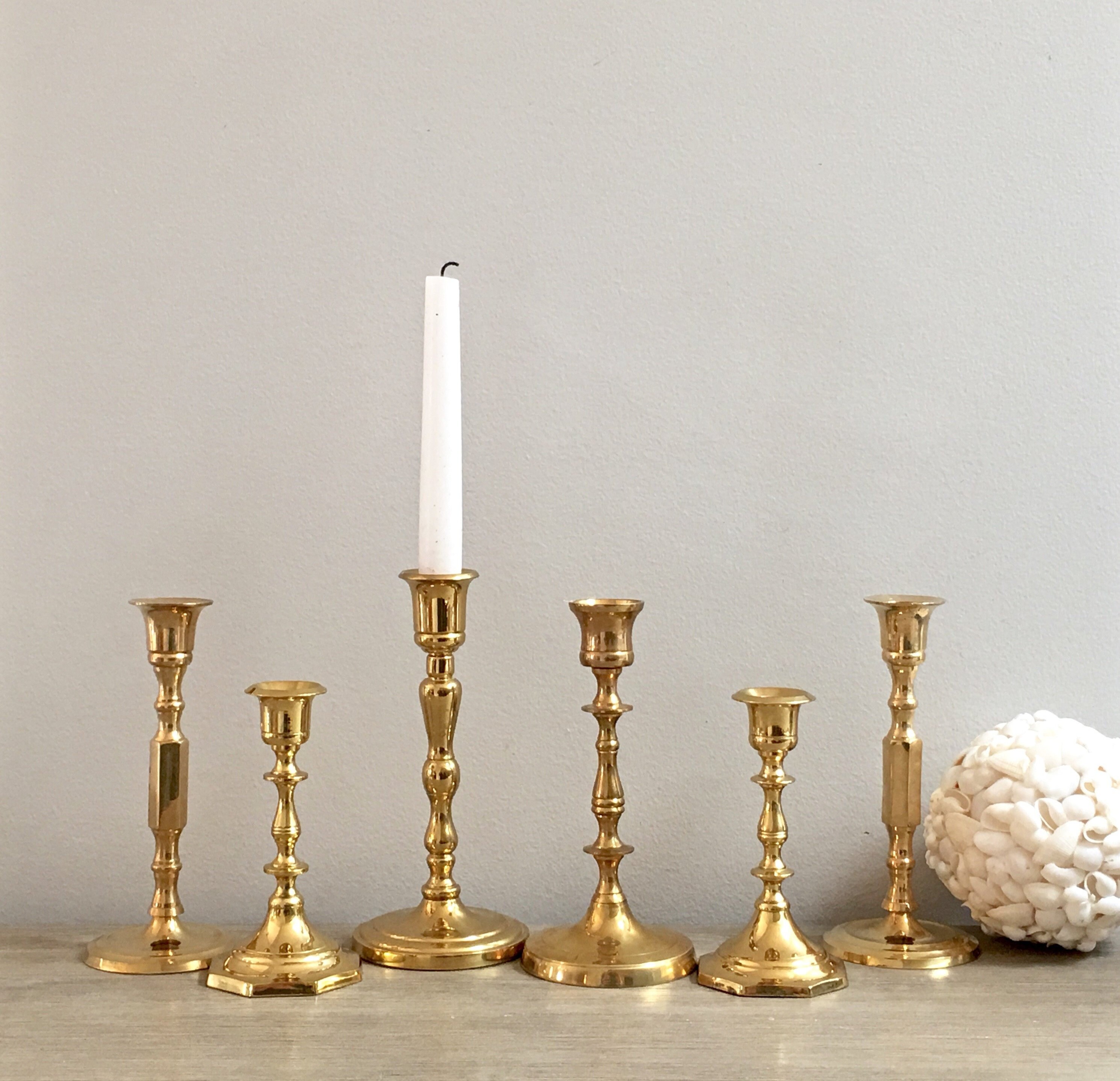 Brass Candlestick Set Collection Six Gold Candle Holders Shiny Brass