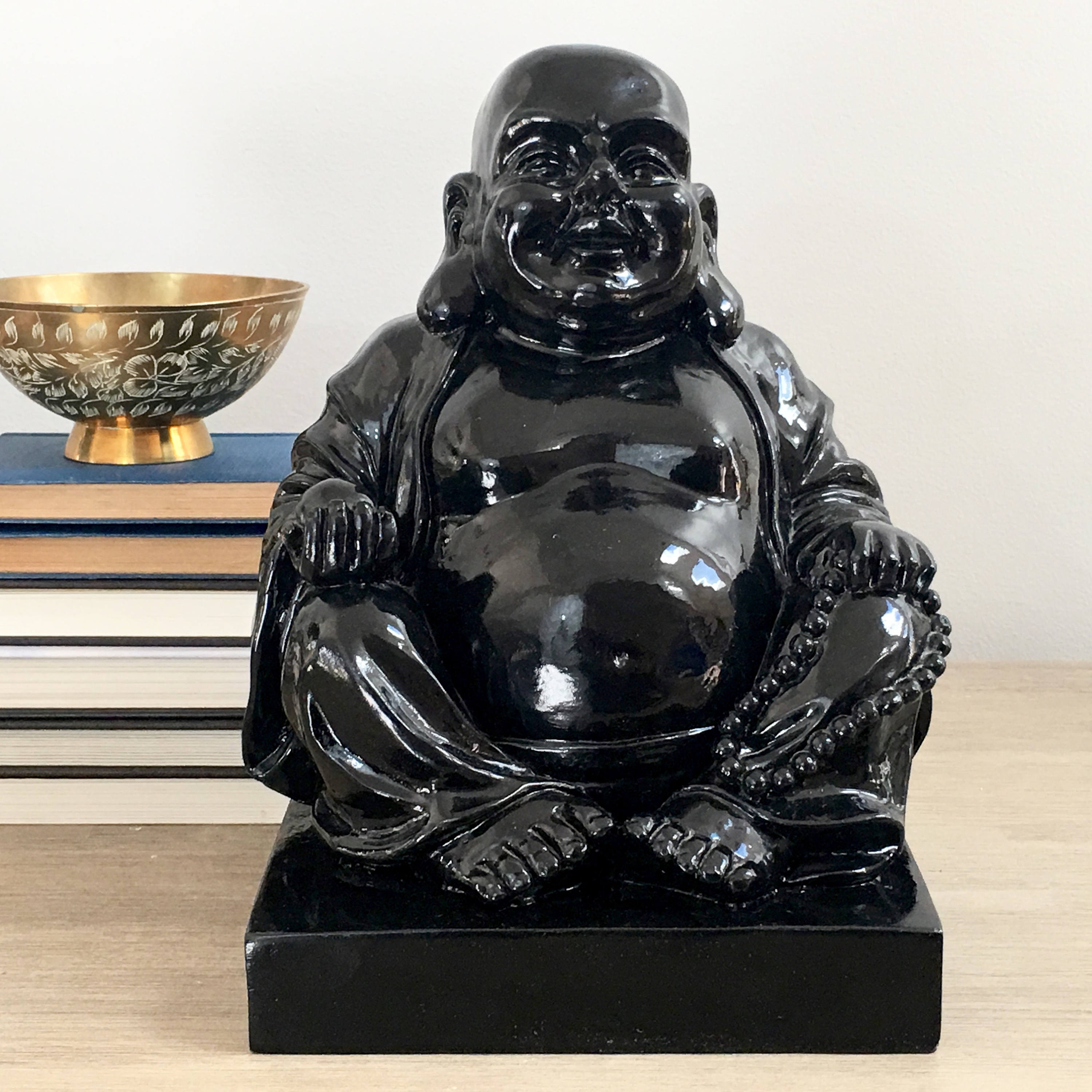 Vintage Laughing Buddha Statue Chinese Happy Buddha Black Glossy Buddhism Feng Shui