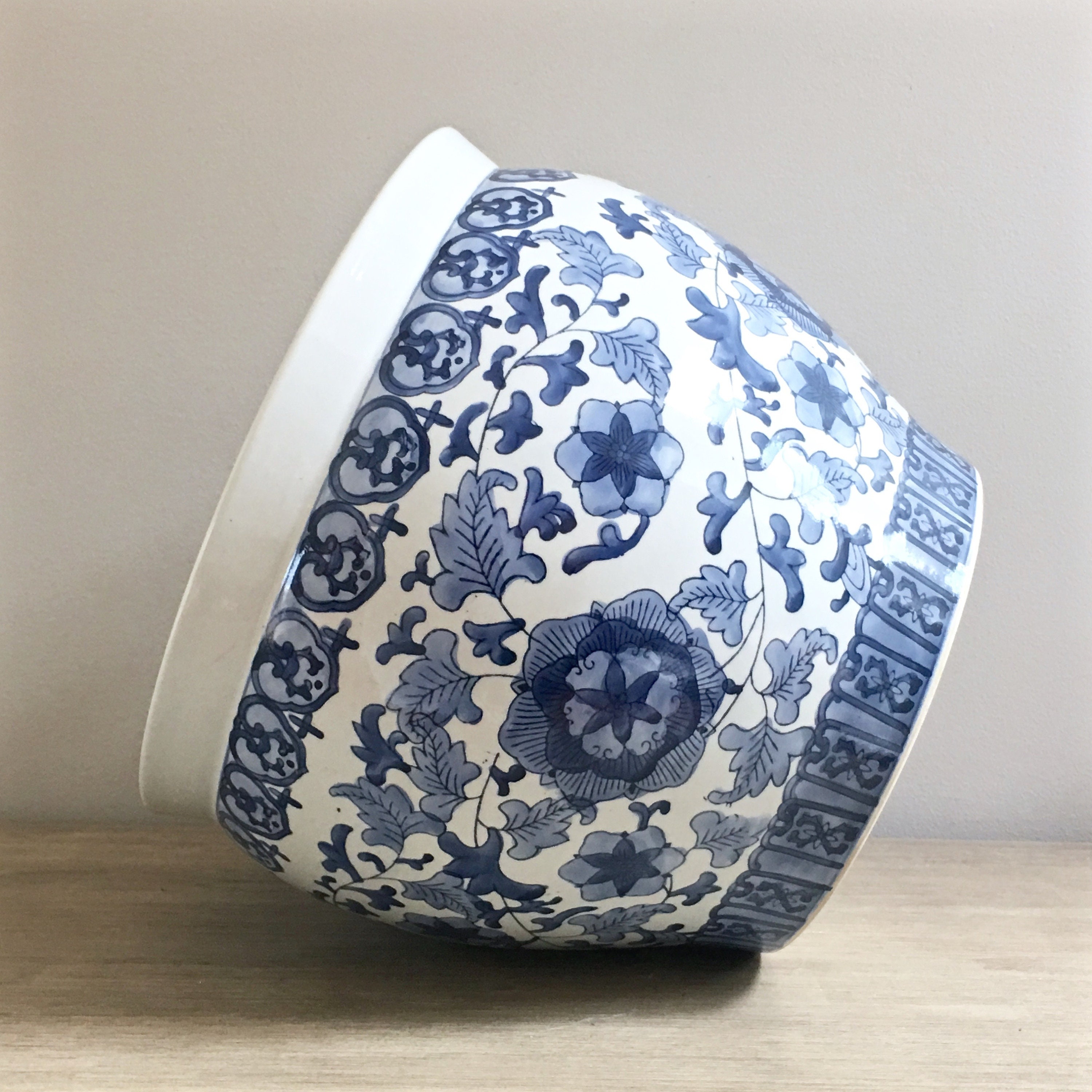 Large Chinese Fishbowl Planter Blue White Chinoiserie
