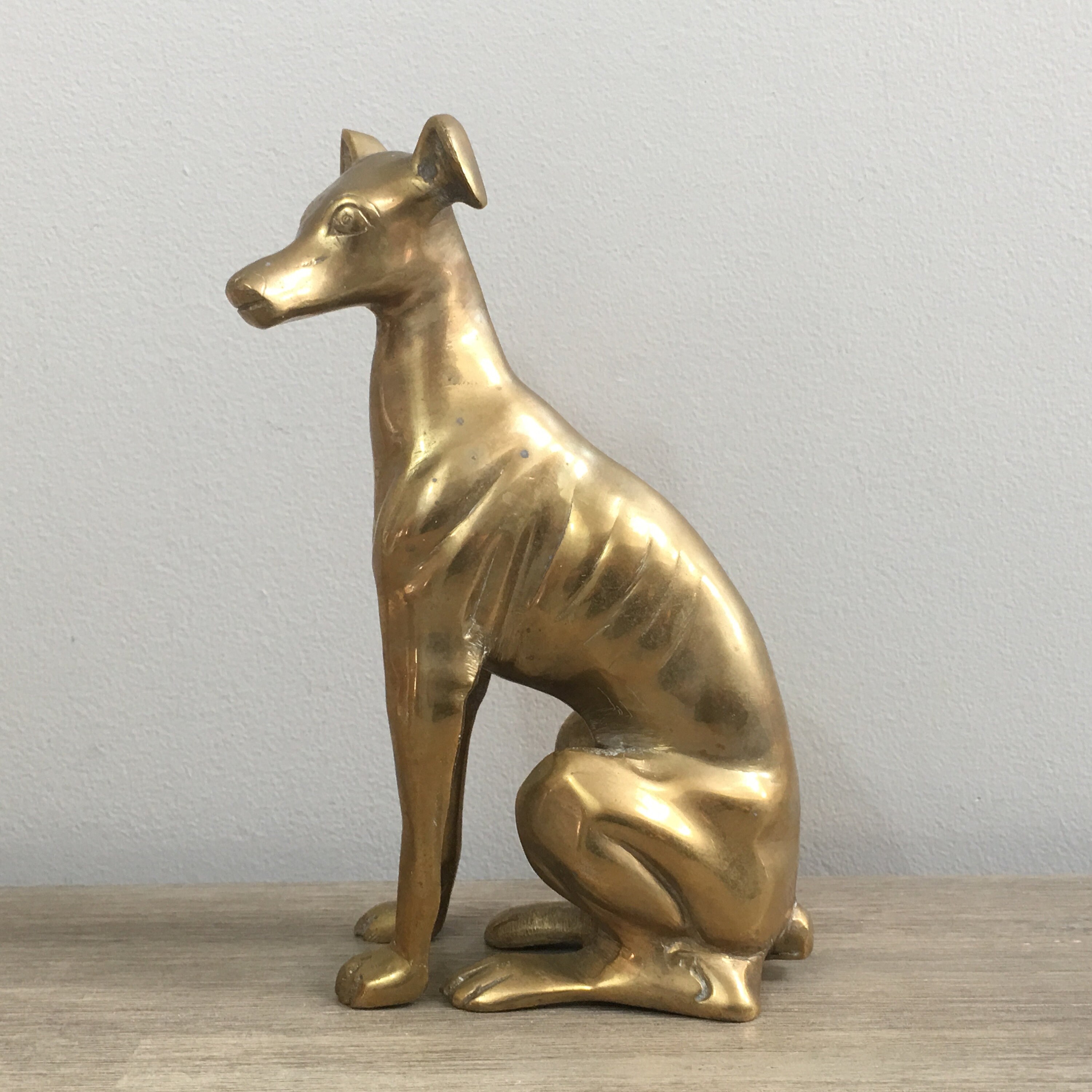 Mid Century Brass Seated Greyhoud Whippet Statue Gold Dog Figurine Hollywood Regency