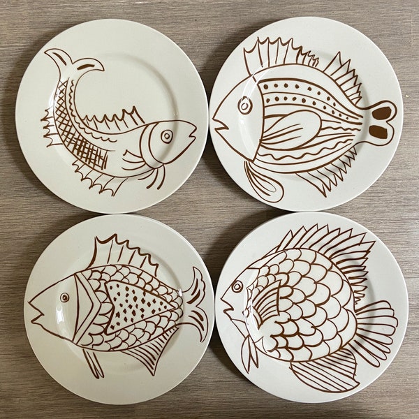 Fitz and Floyd Les Fish Salad Lunch Appetizer Plates Set of 4 Coastal Beach Tableware