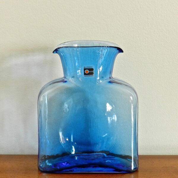 Vintage Blenko Blue Glass Double Spout Pitcher Jug Azure Sapphire Original Label Tag