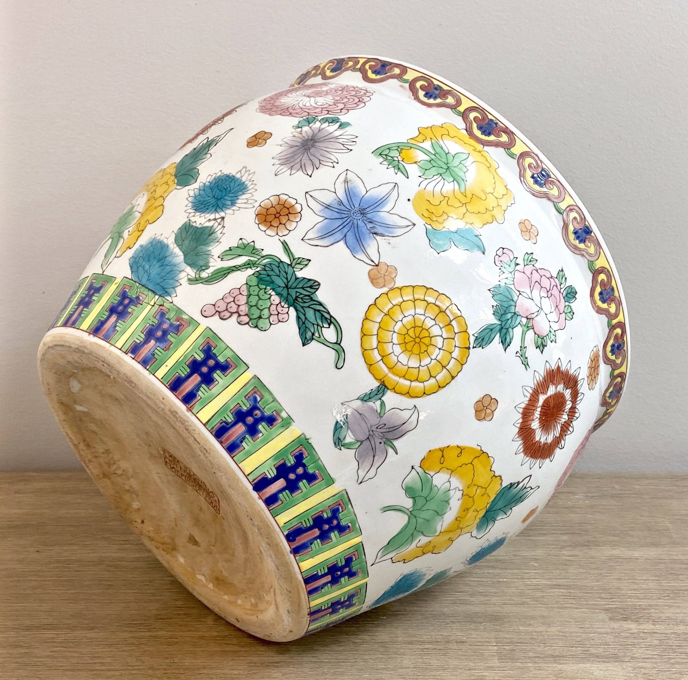 Chinese Fishbowl Planter Colorful Floral Indoor Heavy