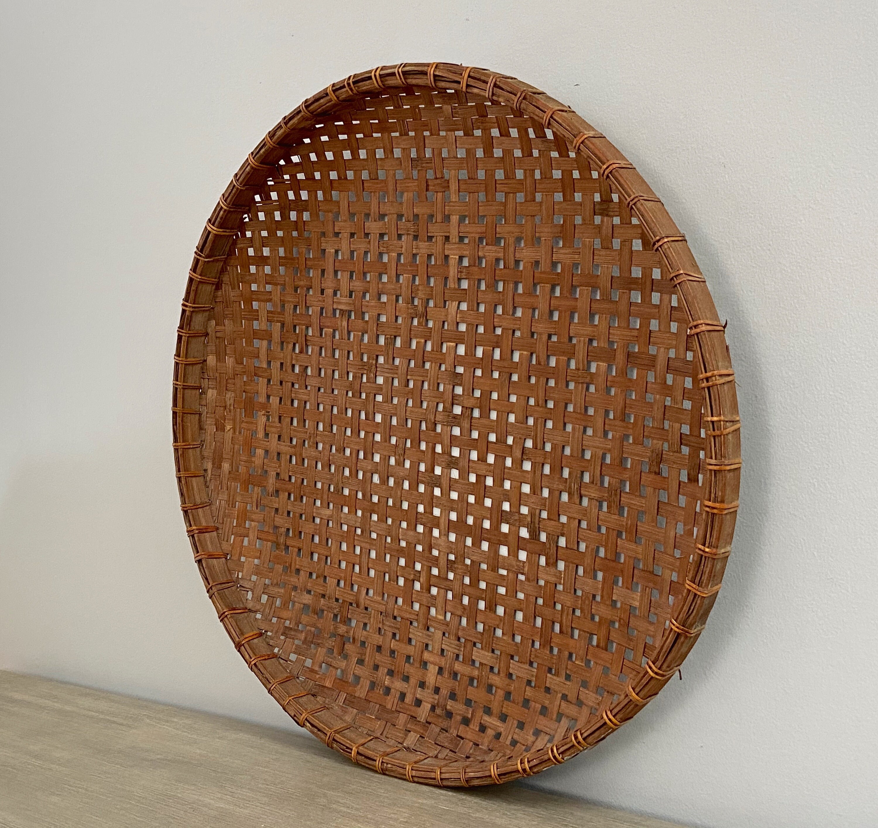 Large Flat Winnowing Basket Woven Round Bamboo Hanging