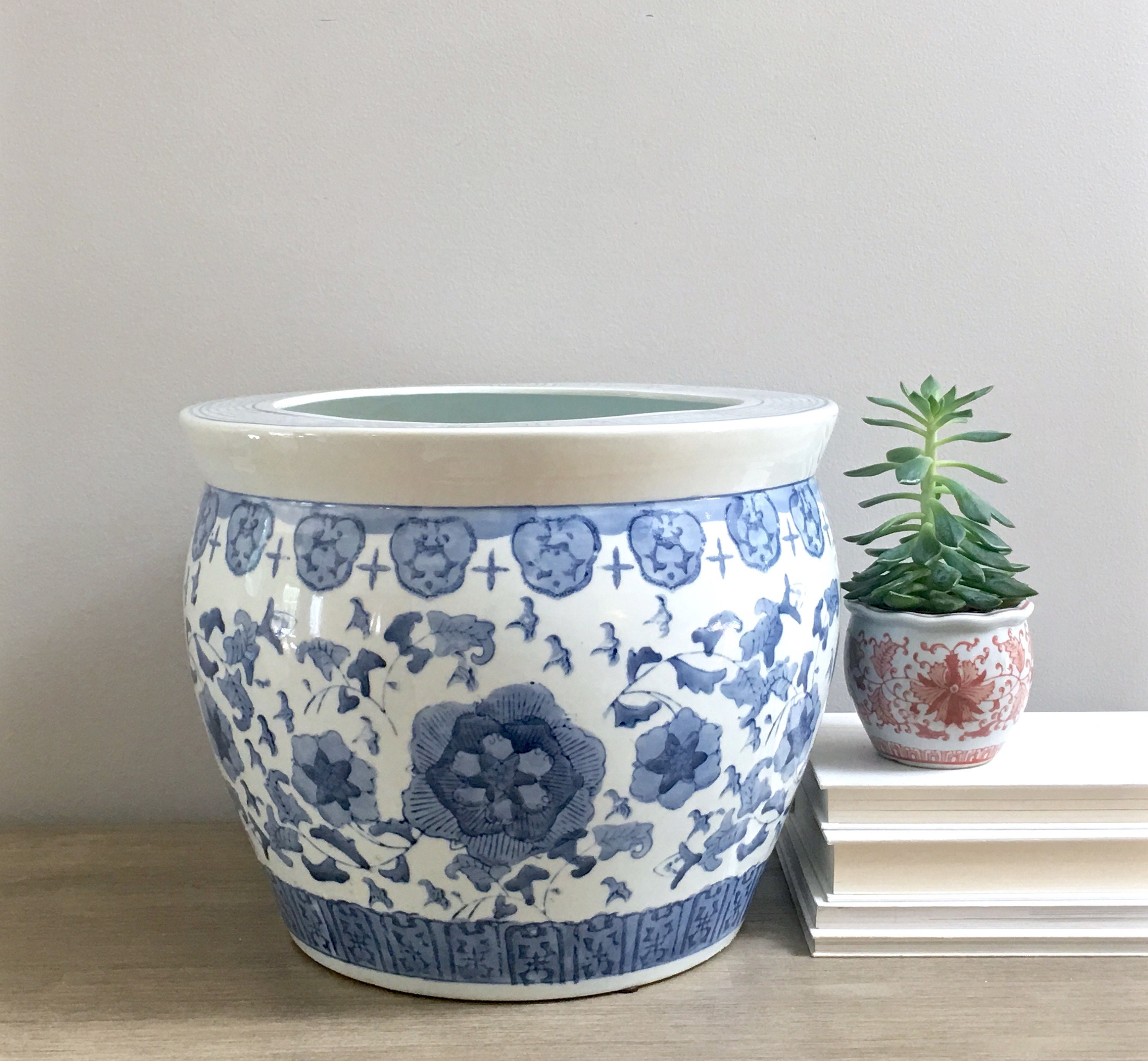 RESERVED for Beata Large Chinese Fishbowl Planter Blue