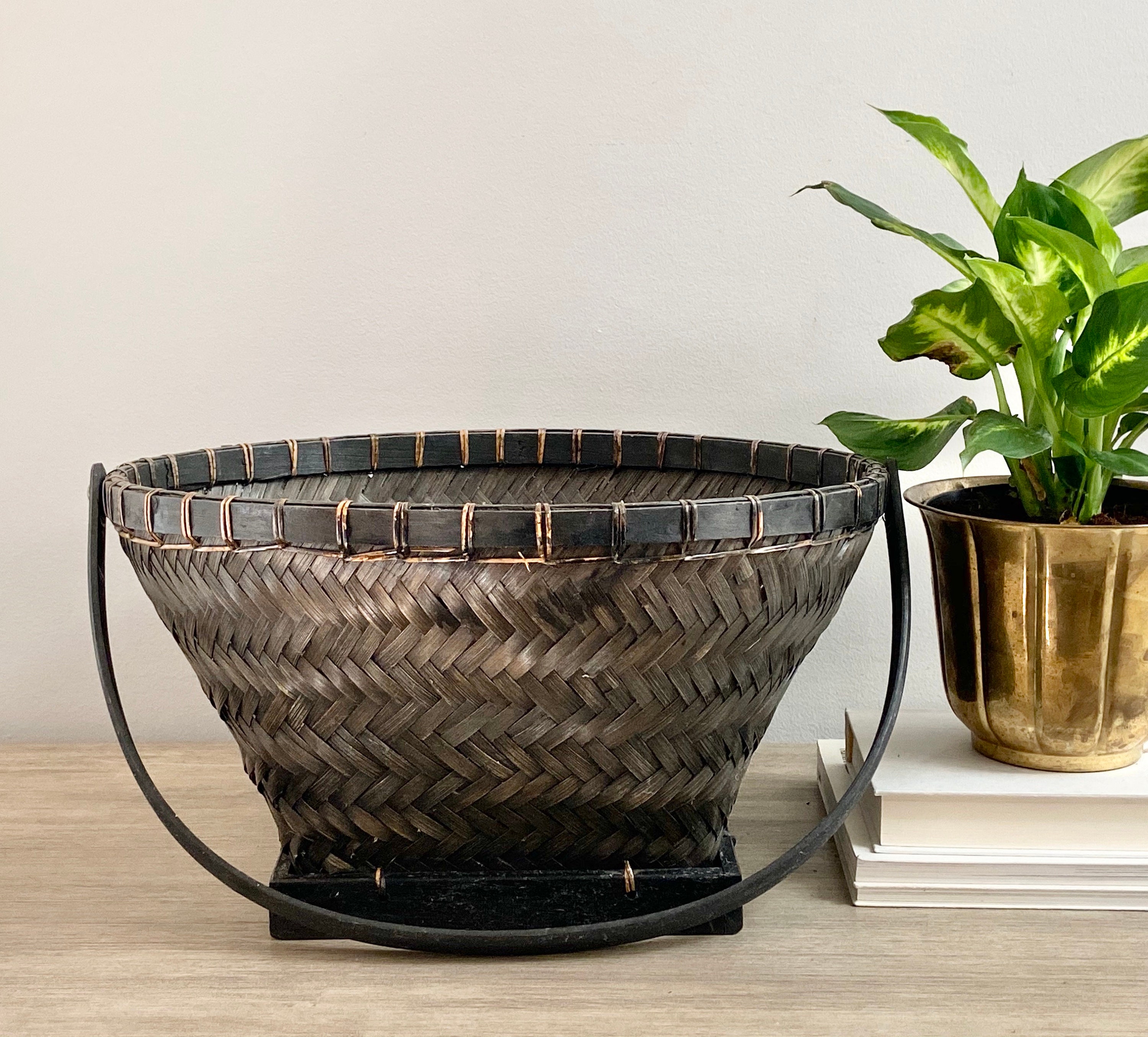 Large Vintage Black Basket Woven Bamboo Rattan Rustic Cane