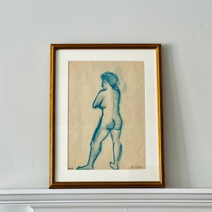 Vintage Portrait Standing Nude 1960s Blue Charcoal Drawing Custom Framed image 2