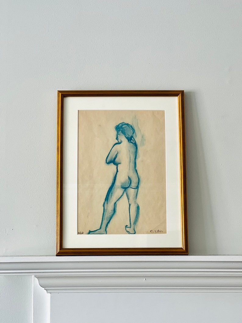 Vintage Portrait Standing Nude 1960s Blue Charcoal Drawing Custom Framed image 2