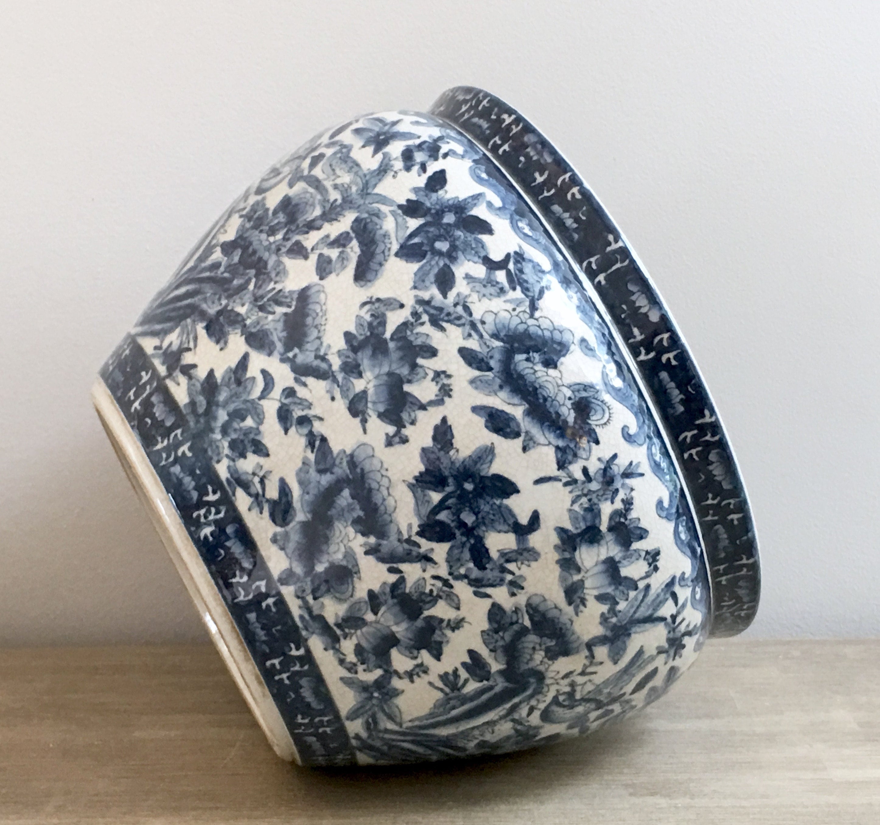 Large Asian Fishbowl Planter Navy Blue Porcelain Large