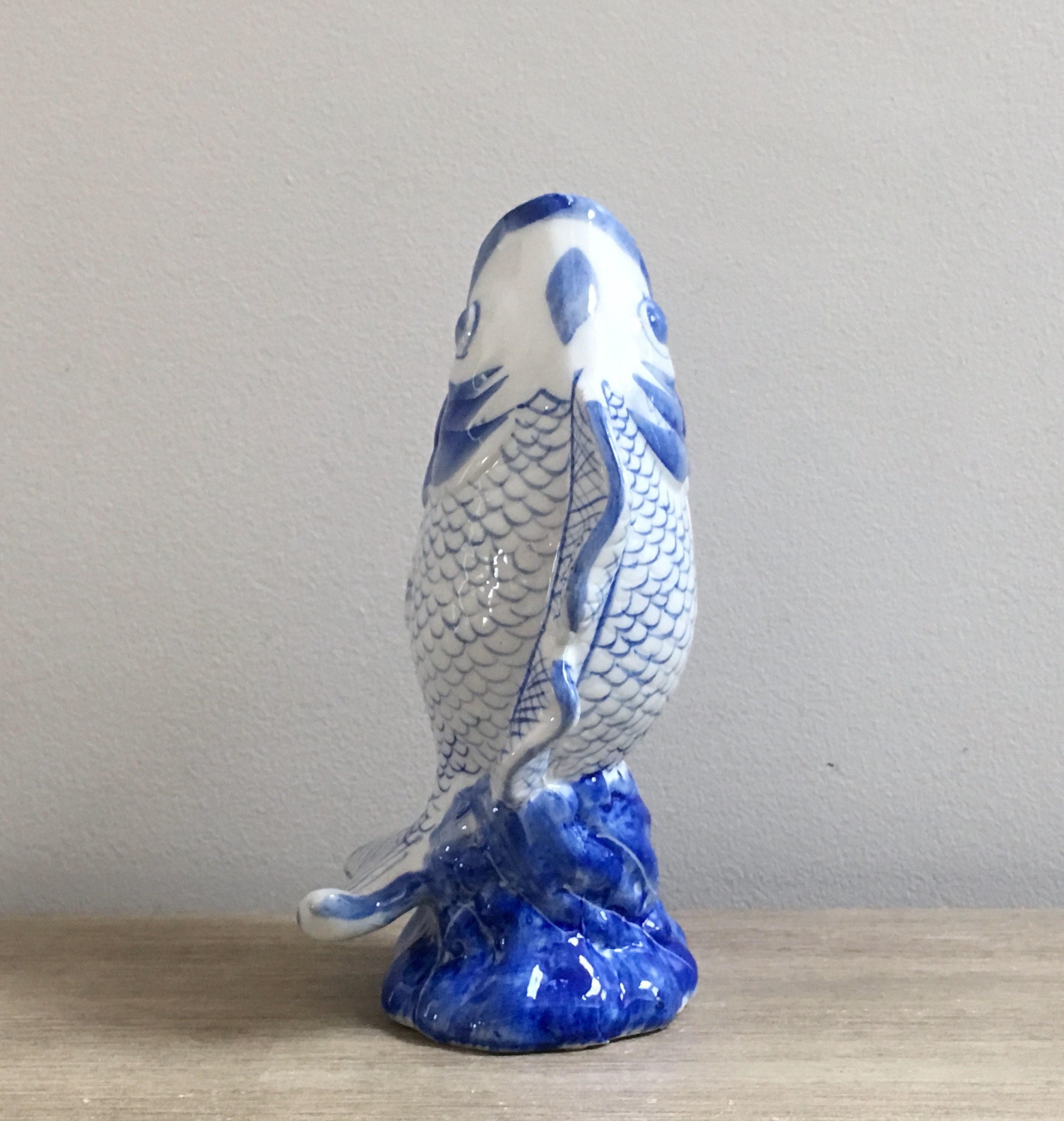 Blue White Ceramic Fish Vase Chinoiserie Coastal Asian Decor