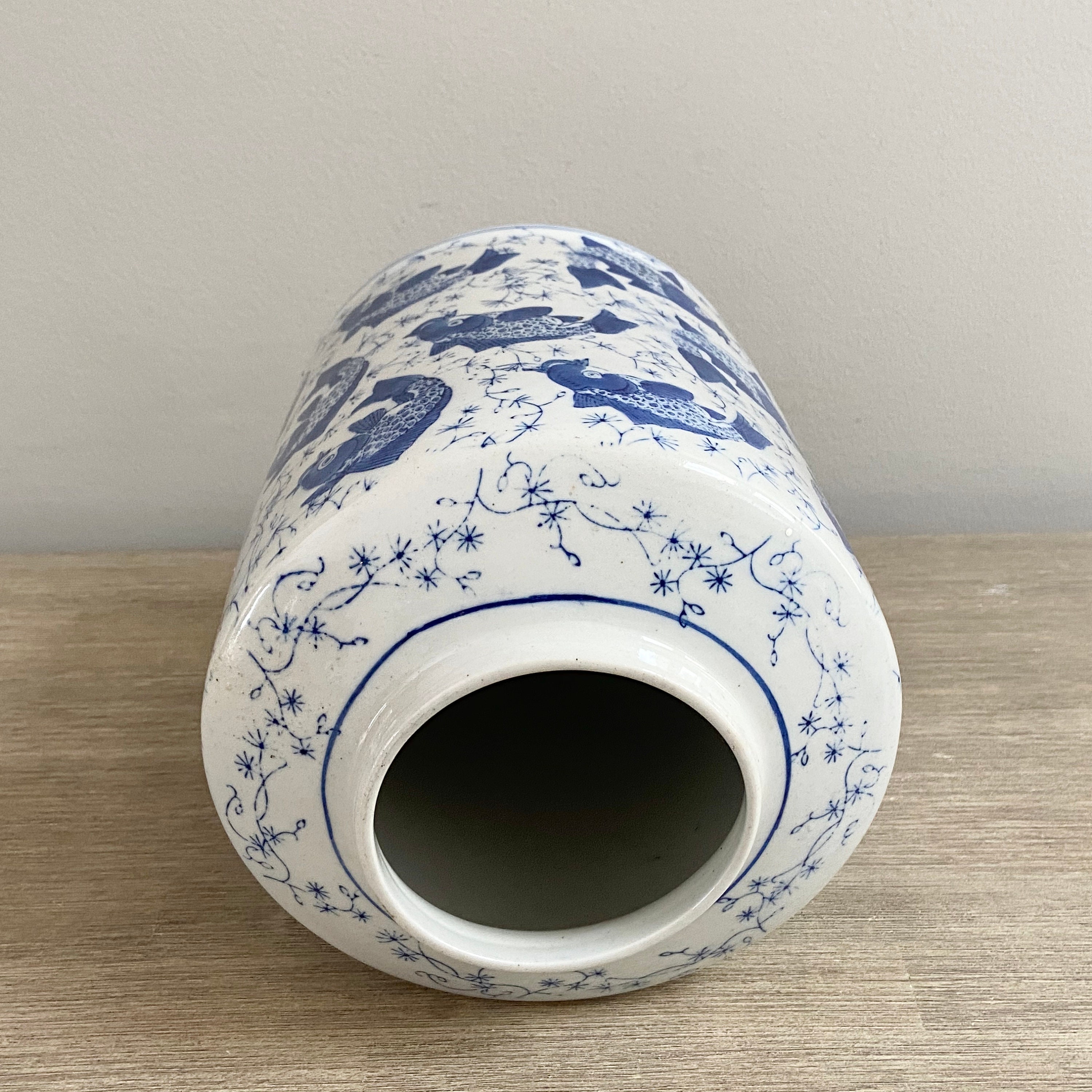 Chinese Koi Fish Vase Blue White Porcelain Chinoiserie Decor