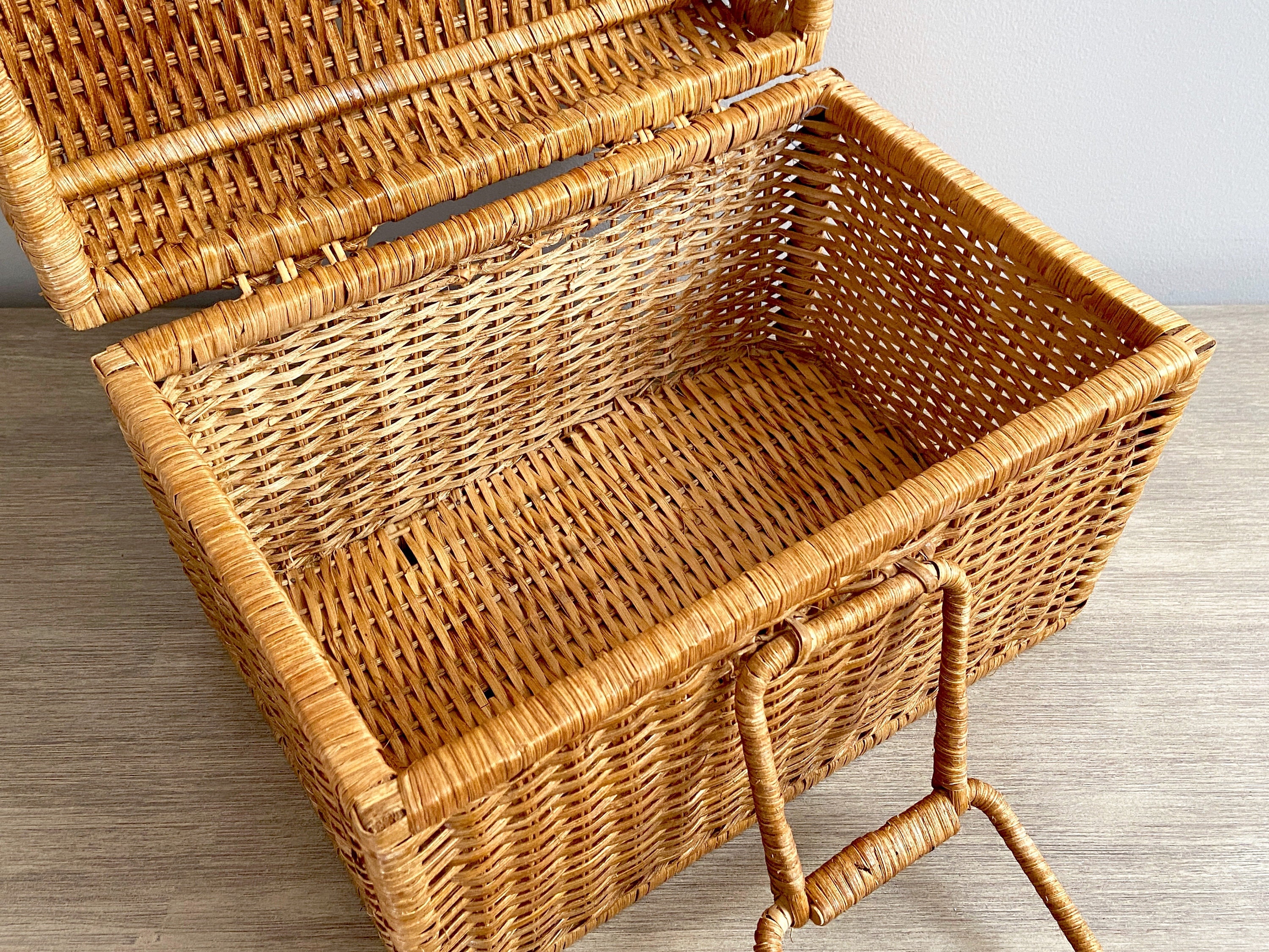 Large Wicker Storage Basket Handled Rectangular Woven Rattan Bamboo Case