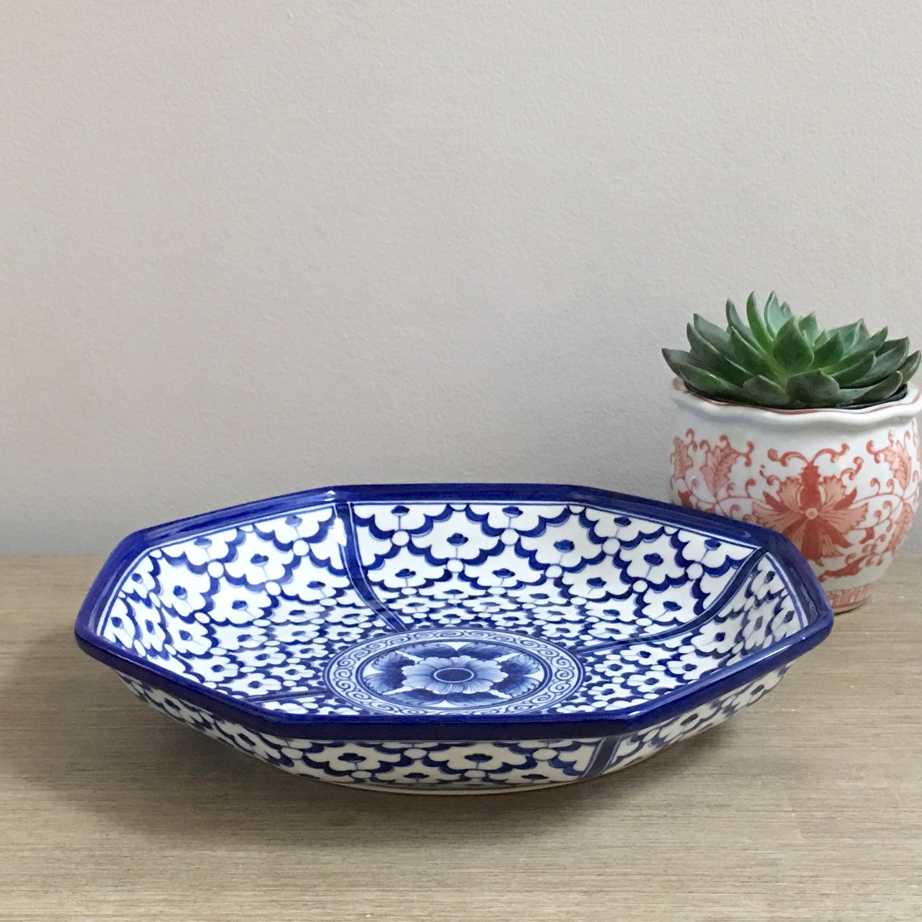 Asian Blue White Octagonal Shallow Bowl Dish Chinoiserie Decor