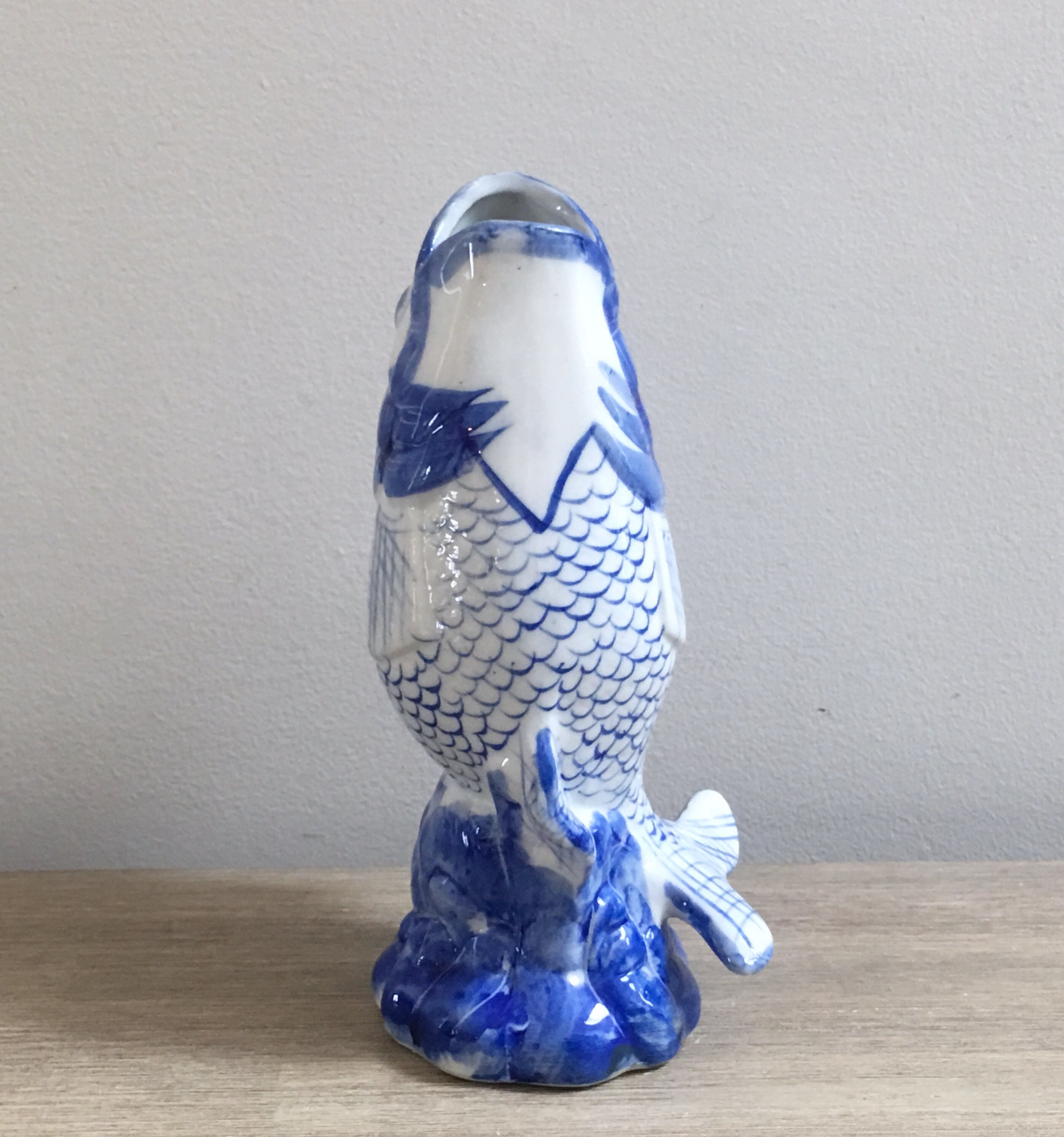 Blue White Ceramic Fish Vase Chinoiserie Coastal Asian Decor