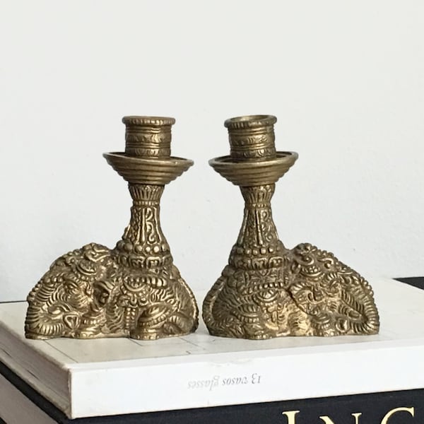 Vintage Solid Brass Elephant Candle Holders Dressed Decorated Elephant Indian Royalty Boho Chic Decor