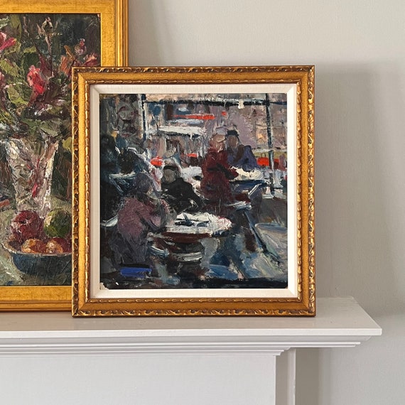 Vintage Impressionist Oil Painting European Cafe Scene