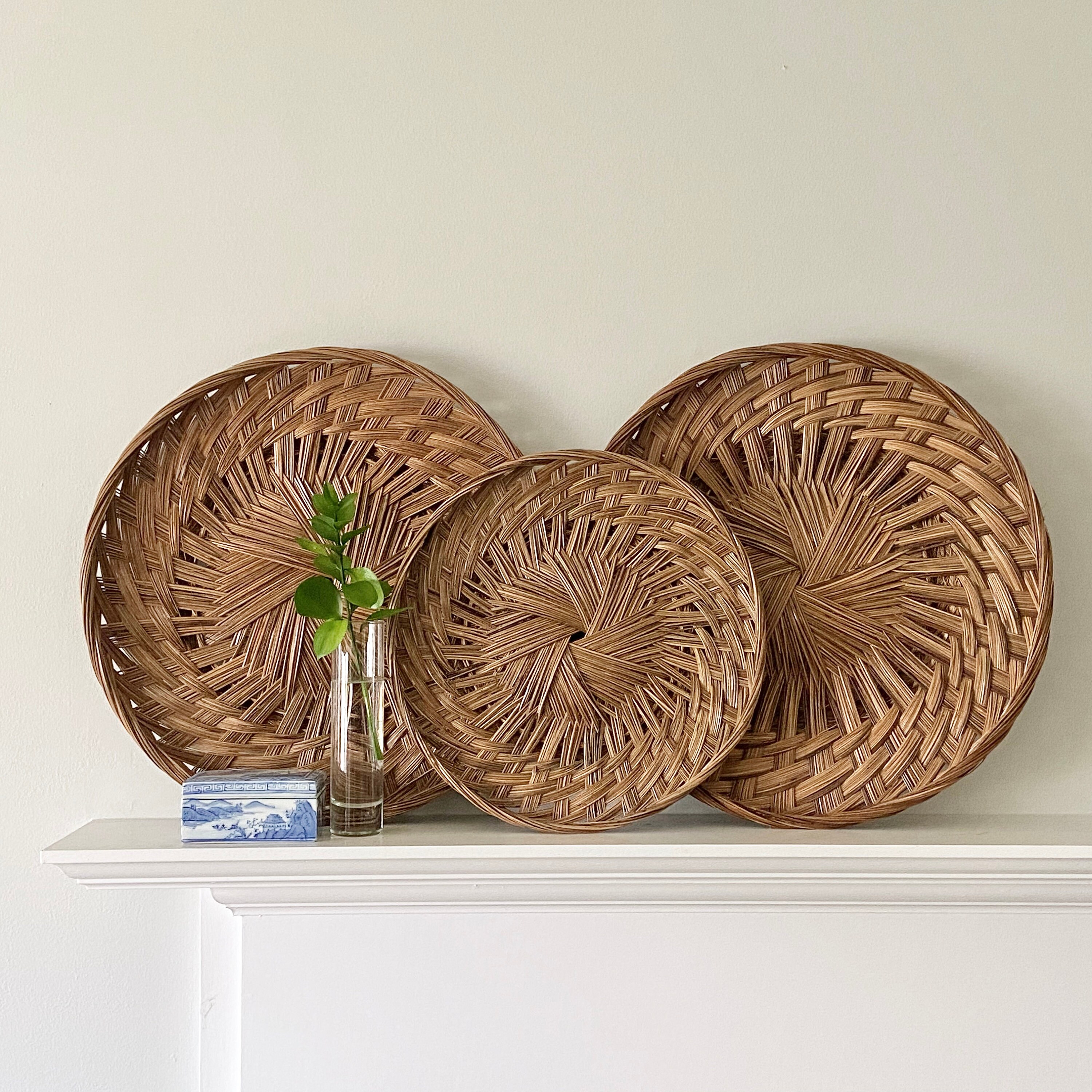 Wall Basket Set of Three Large Flat Round Woven Hanging
