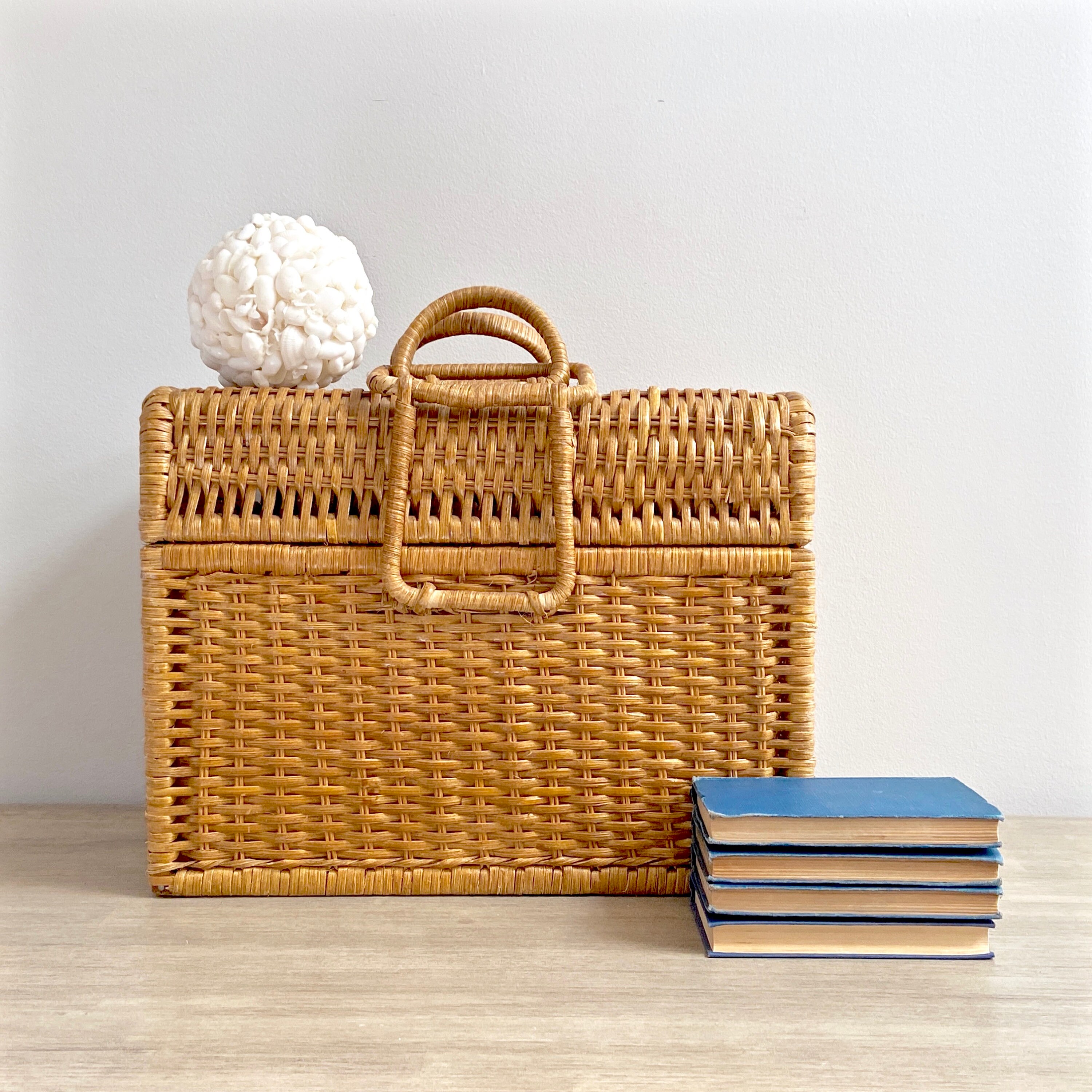 Large Wicker Storage Basket Handled Rectangular Woven Rattan Bamboo Case