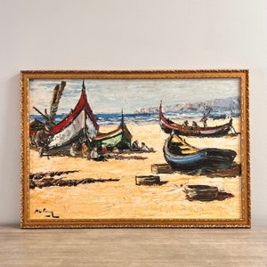 Large Vintage Oil Painting Fishing Boats Impressionist Seascape image 3