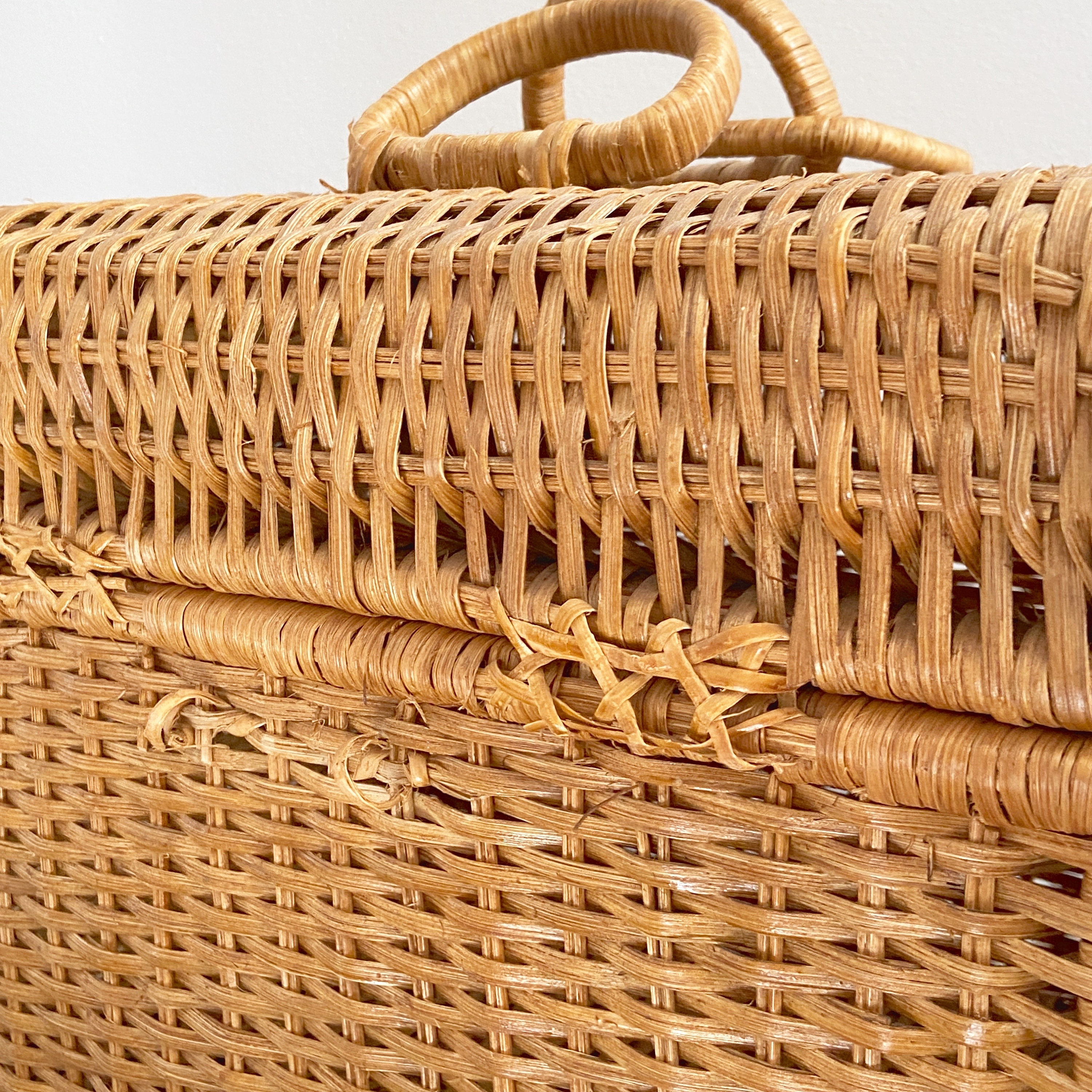 Large Wicker Storage Basket Handled Rectangular Woven Rattan Bamboo Case