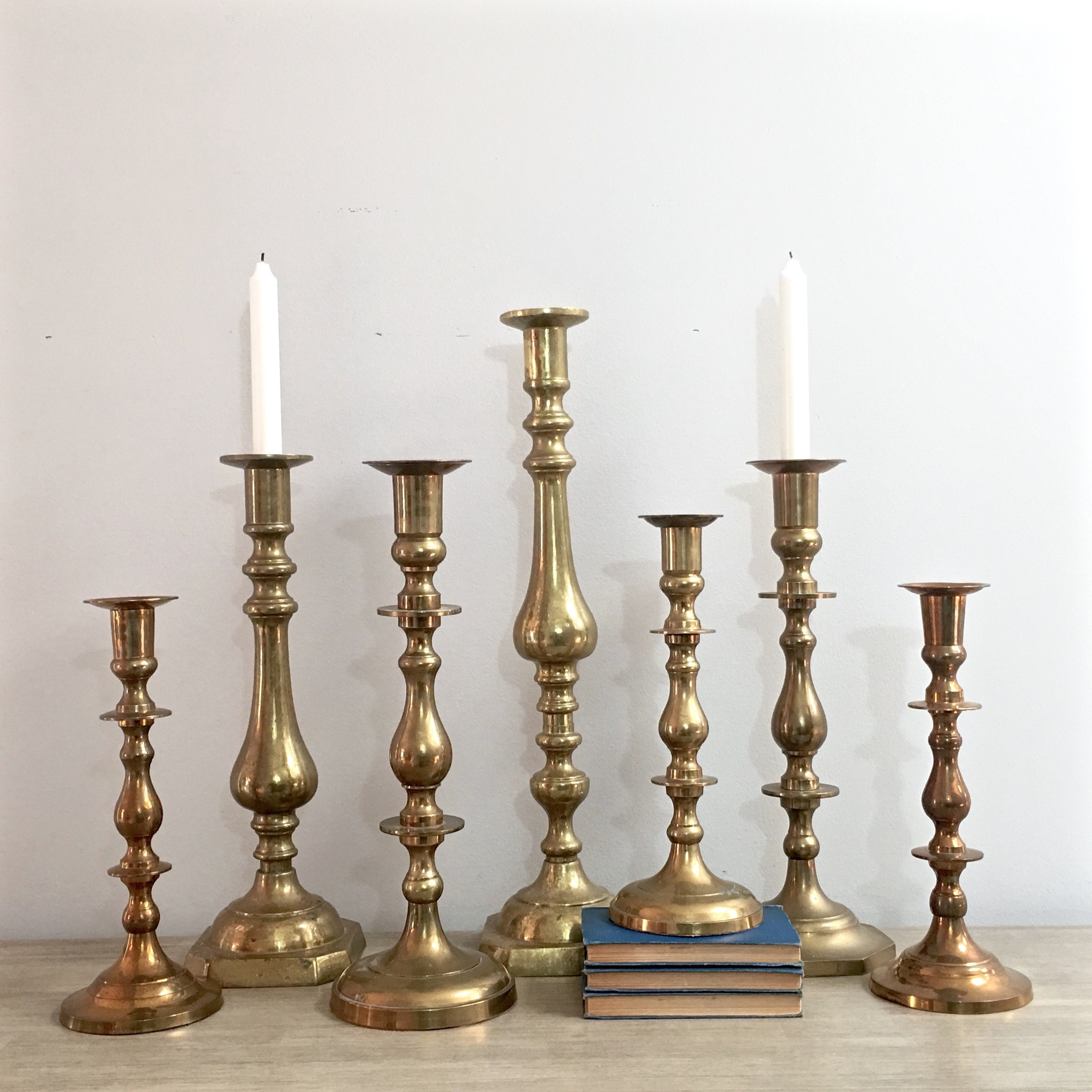 large-brass-candlestick-candle-holders-collection-set-of-7-tall-wedding
